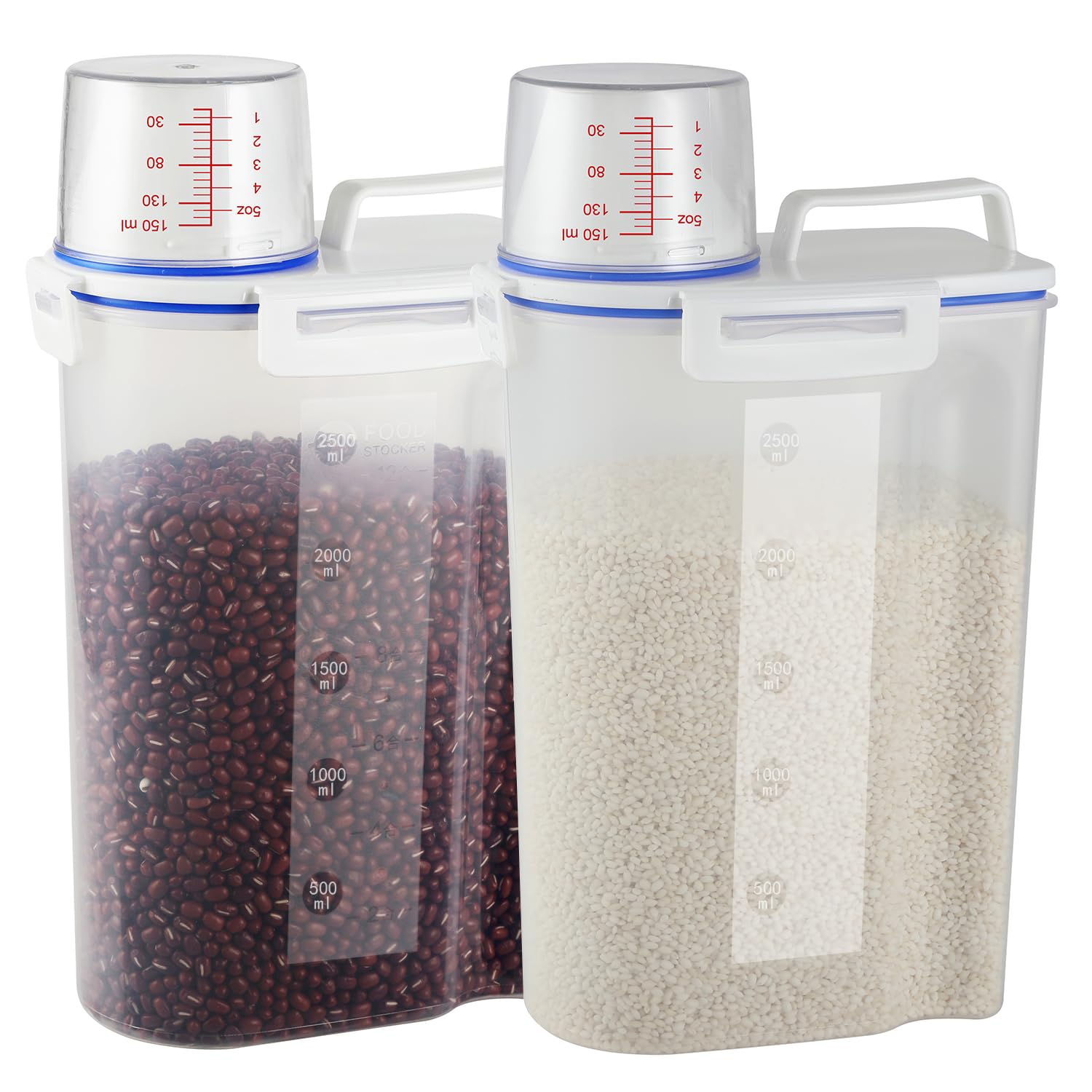 2 sets 5.5 LB Rice Storage Bin Cereal Containers Dispenser with BPA Free Plastic + Airtight Design + Measuring Cup + Pour Spout - Perfect for Rice Flour Baking Supplies Pet Dog Food Storage