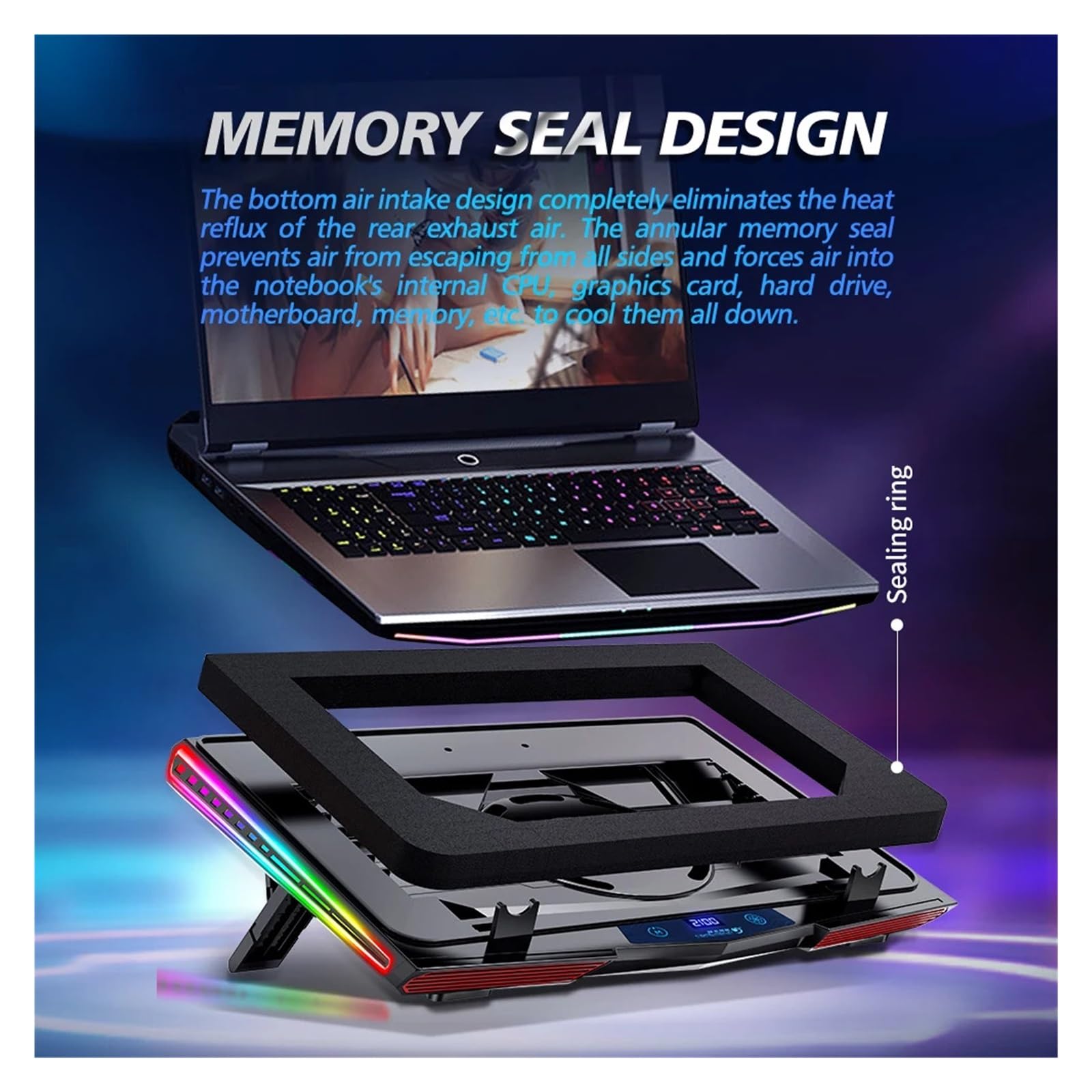 Tappetino di Raffreddamento for Laptop RGB A Compressione d'Aria, Dispositivo di Raffreddamento USB Ultra Silenzioso, Supporto Regolabile for Dissipazione Rapida del Calore