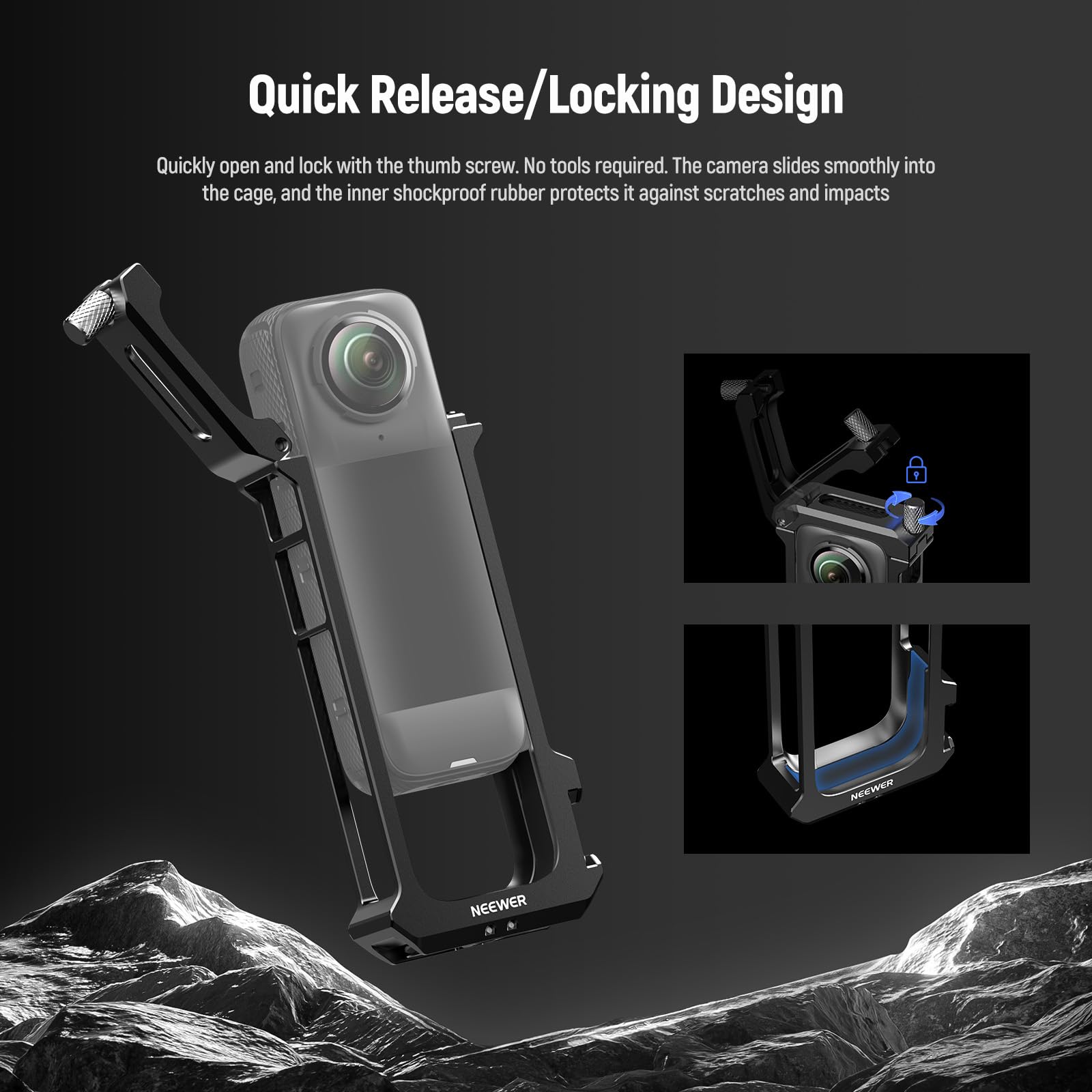 NEEWER Jaula Cámara para Insta360 X4, Funda Protectora Compatible con Insta360 X4, Vídeo Rig Aleación Aluminio Liberación Rápida, Adaptador Montaje, Roscas 1/4 y Tapa Objetivo, Action CAM Accesorios
