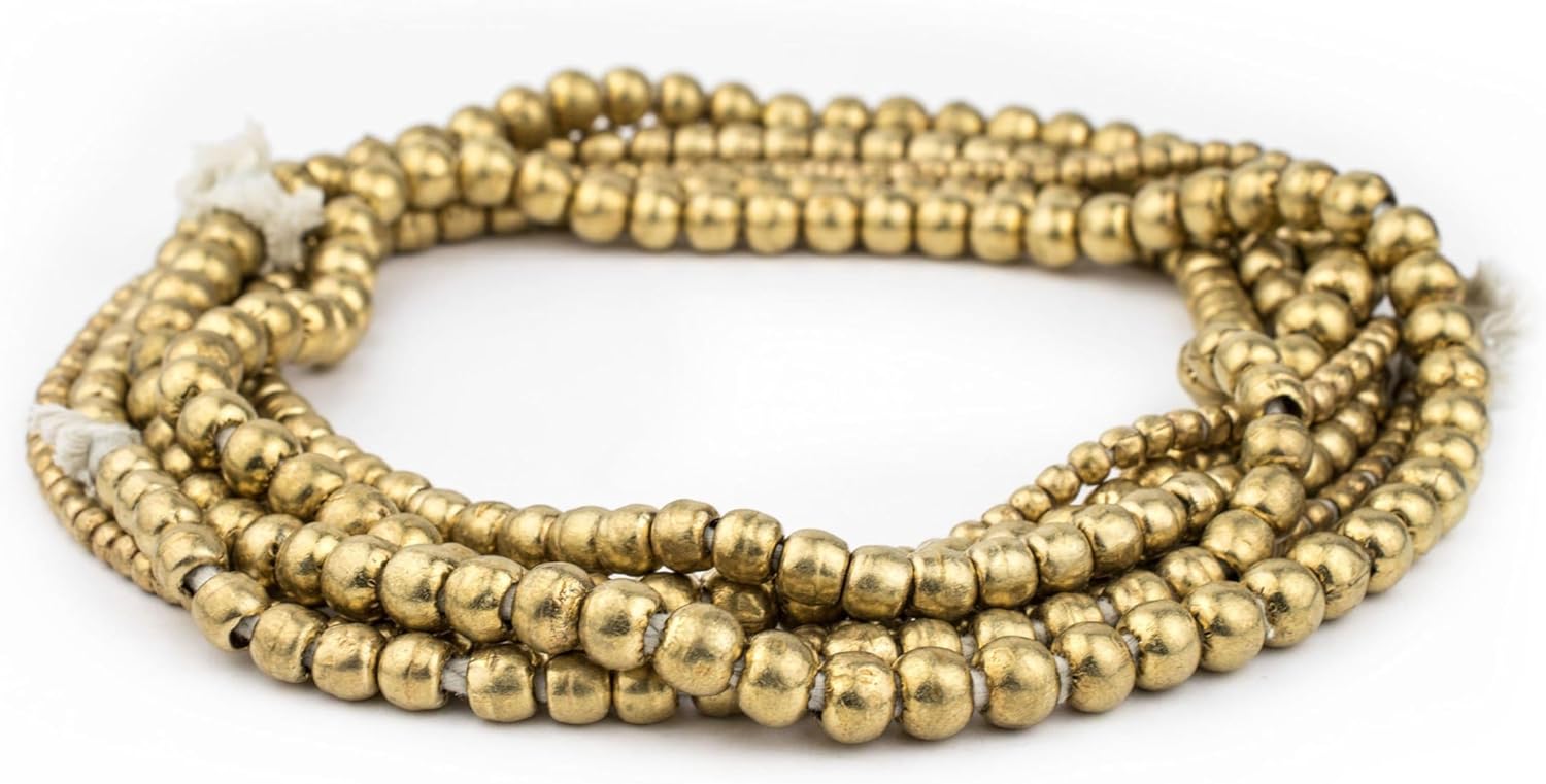 The Bead Chest 3 Strand Bundle: Ethiopian Round Brass Beads 4mm, 6mm, 8mm African Large Hole 28 Inch Strand - 32 Inch Strand Handmade