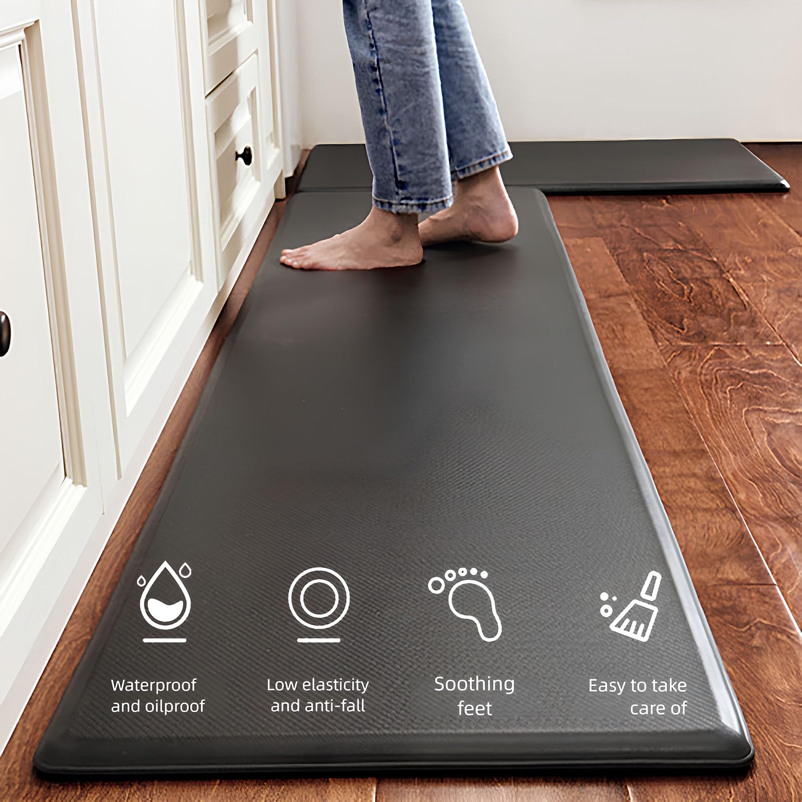 Tapis de cuisine anti-fatigue, imperméable, antidérapant, ergonomique et confortable, tapis de sol rembourré anti-fatigue pour la maison, le bureau, la buanderie, le bureau, 51 x 99 cm, noir