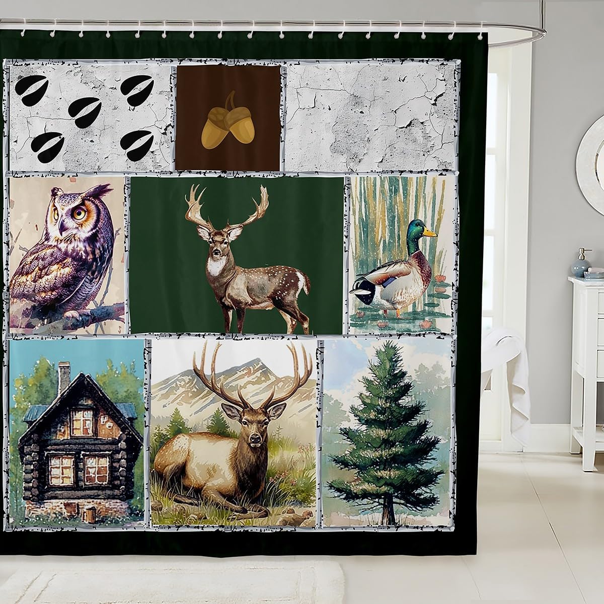 Deer Antler Silhouette Bath Curtain,Wildlife Outdoor Adventure Tribal Bathroom Shower Curtain,Retro Jungle Camouflage Print Waterproof Fabric with Hooks for Stalls,72Wx78L inch