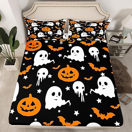 Vista 180 de Juego de sábanas bajeras con bonito diseño de gato negro para niños y niñas, diseño de dibujos animados de Halloween, gato, animales, sábanas