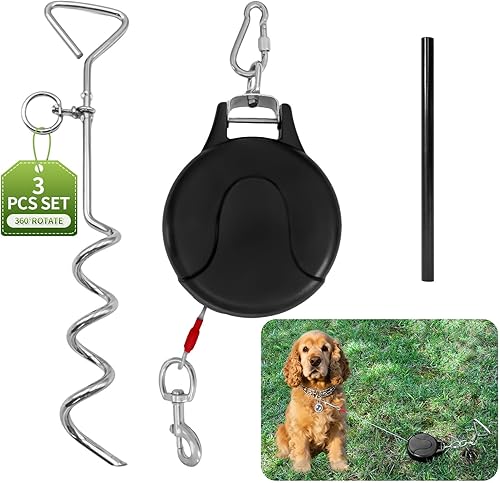 Retractable Dog Tie Out Cable and Stake- 30ft No Leash Retractable for Dogs 10-90lbs - 360° Rotate Dog Lead Reel for Courtyard, Camping & Outdoor