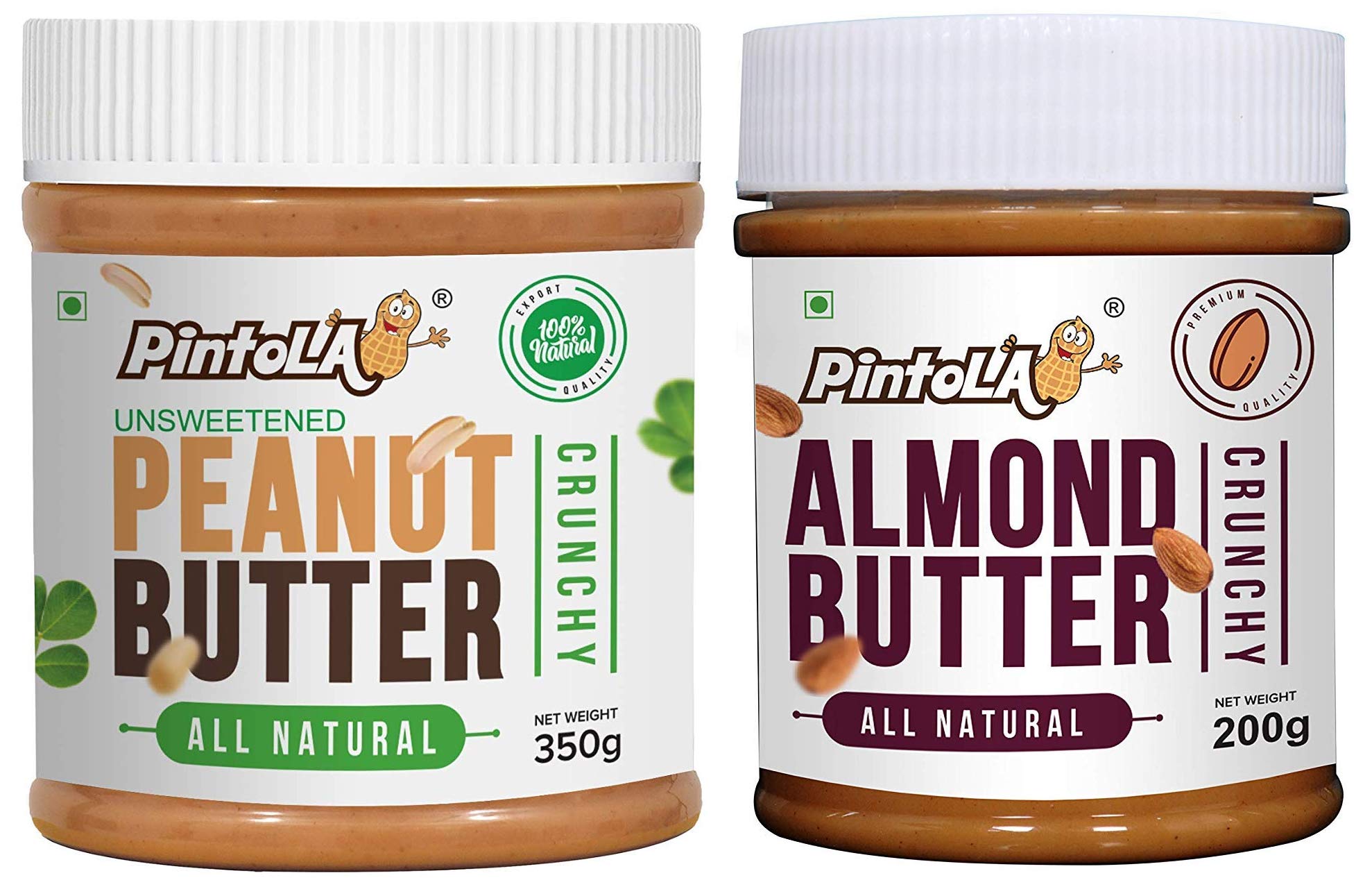 Pintola All Natural Peanut Butter (Crunchy) (350g) (Unsweetened, Non-GMO, Gluten Free, Vegan) + Pintola All Natural Almond Butter (Crunchy) (200g)