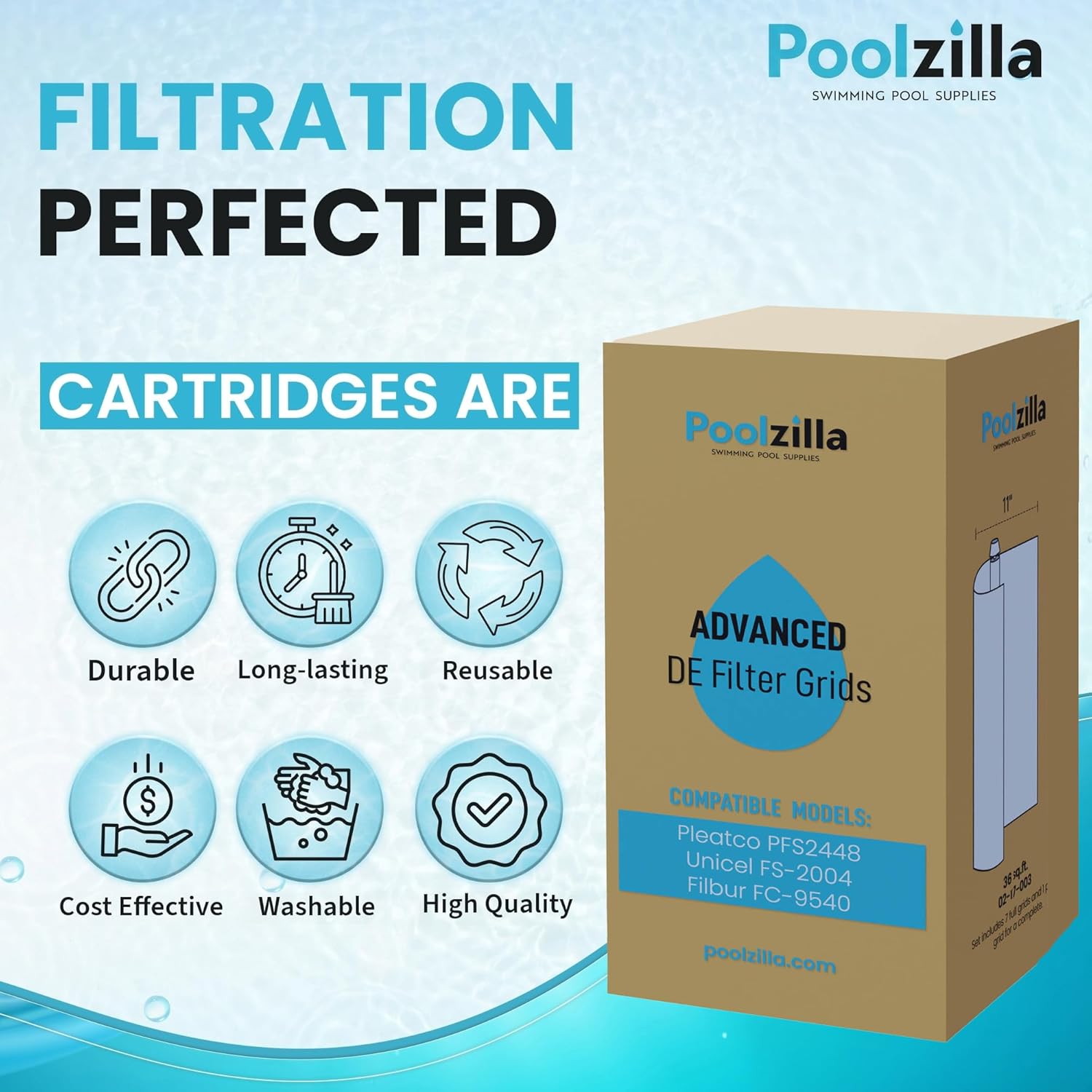 Poolzilla 36 Square Foot DE Grid Replacement - Compatible With Pleatco PFS1836, Unicel FS-2003, Filbur FC-9530-18'' High (7 Full, 1 Partial) Swimming Pool Filter Cartridges