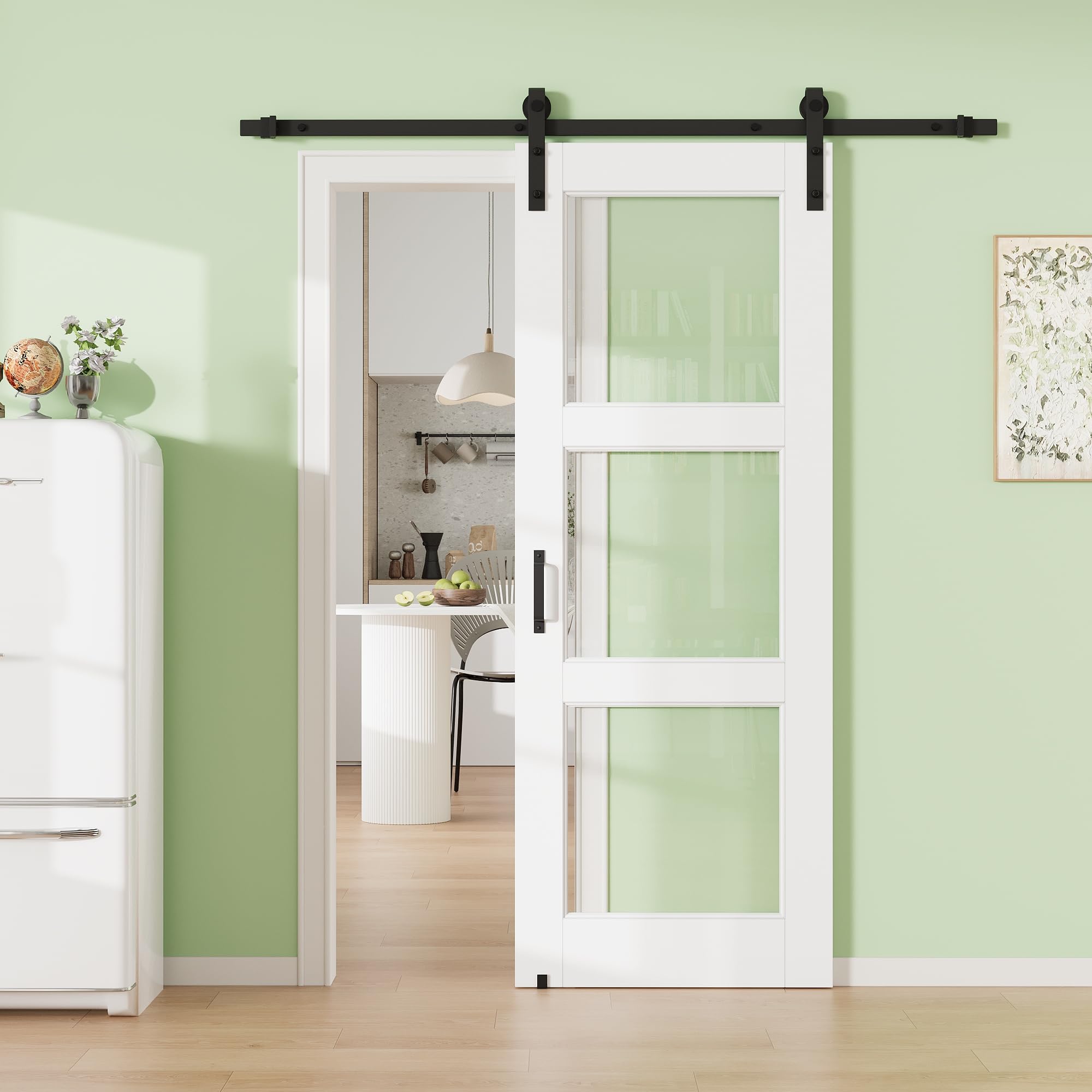 28" x 80" 3-Lite Tempered Frosted Glass Pine Wood Barn Door with 72" Track