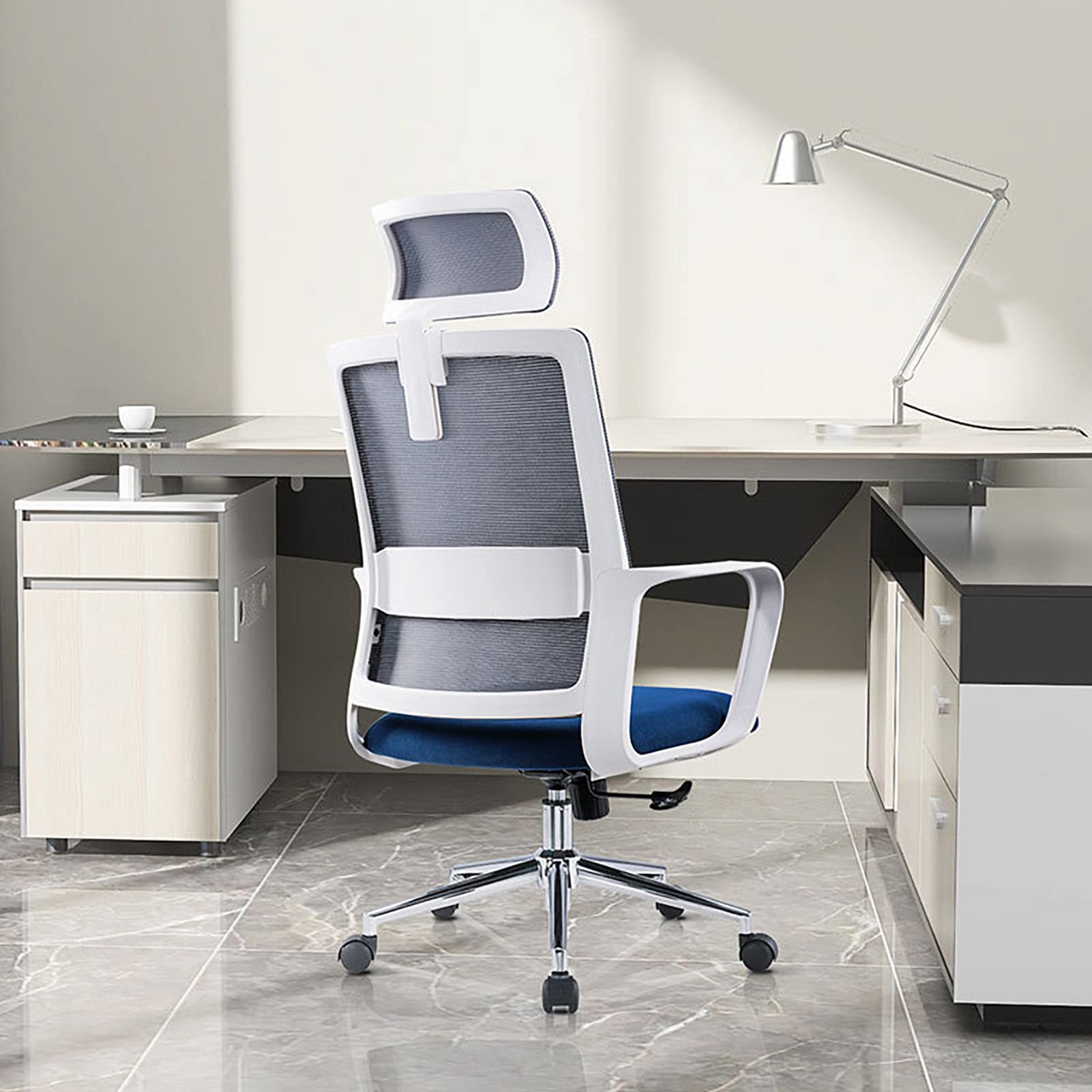 Krzesło biurowe Ergonomiczne podparcie lędźwi, krzesło biurowe Krzesło do domowego biura, Krzesła robocze do domowego biura z podłokietnikiem, zagłówkiem (Gray Blue Without Headrest)
