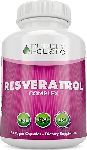Purely Holistic Resveratrol 1450 mg, 90 porciones, suplemento antioxidante trans-resveratrol con vitamina C y complejo de polifenoles, 180 cápsulas