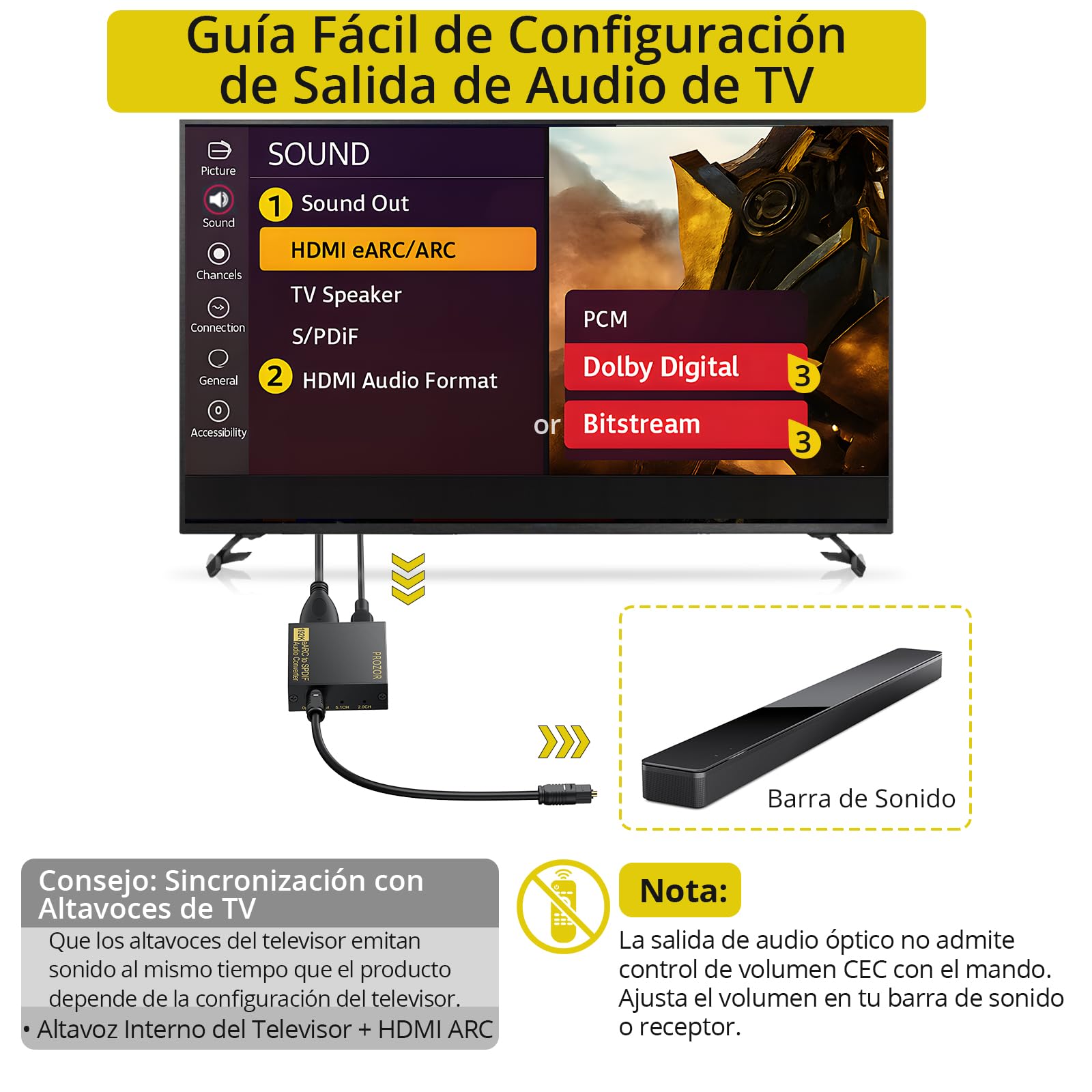 PROZOR Extractor de Audio HDMI eARC ARC Convertidor HDMI a Óptico Toslink 192KHz 24bit Adaptador ARC a Óptico Compatible con PCM Dolby DTS 5.1 2.0 para TV Barra de Sonido Auriculares Cine en Casa