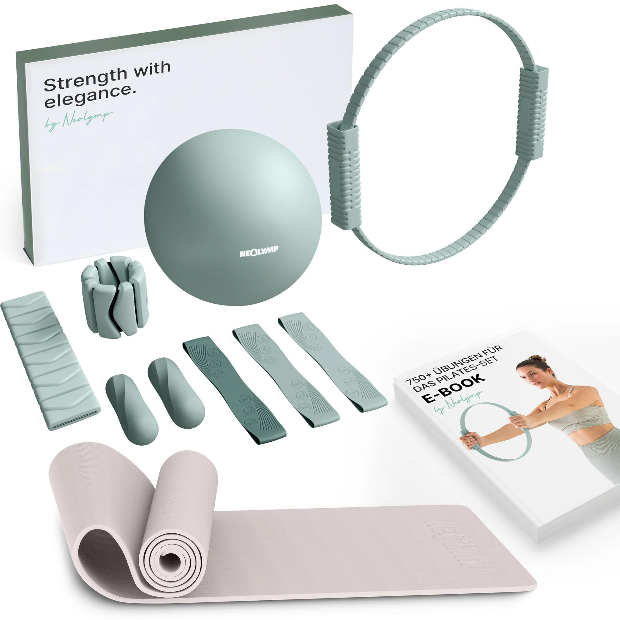 NEOLYMP Pilates Set für Zuhause – Pilates Ball, Pilates Ring & Gewichte – Komplettes Pilates Zubehör Set – inkl. Pilates Bänder, 1kg Hanteln & E-Book – Pilates Essential Kit