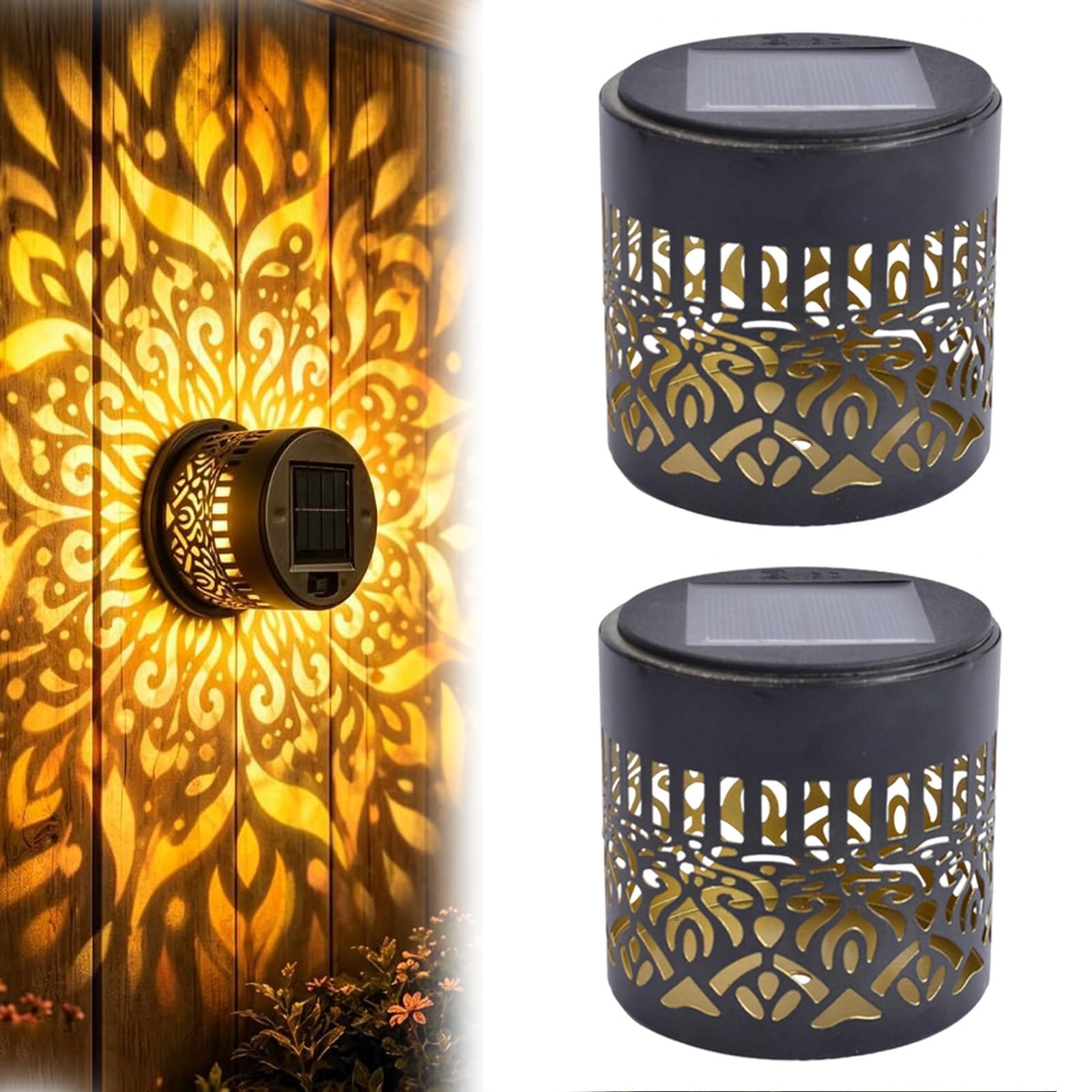 Solar Mandala Wall Light Outdoor Garden Fence Projector Lamp, 7-Color Waterproof Decorative Solar Mandala Lights Outdoor, Shadow Projection Lights for Patio Backyard Yard Ambient Decor(Warm*2)
