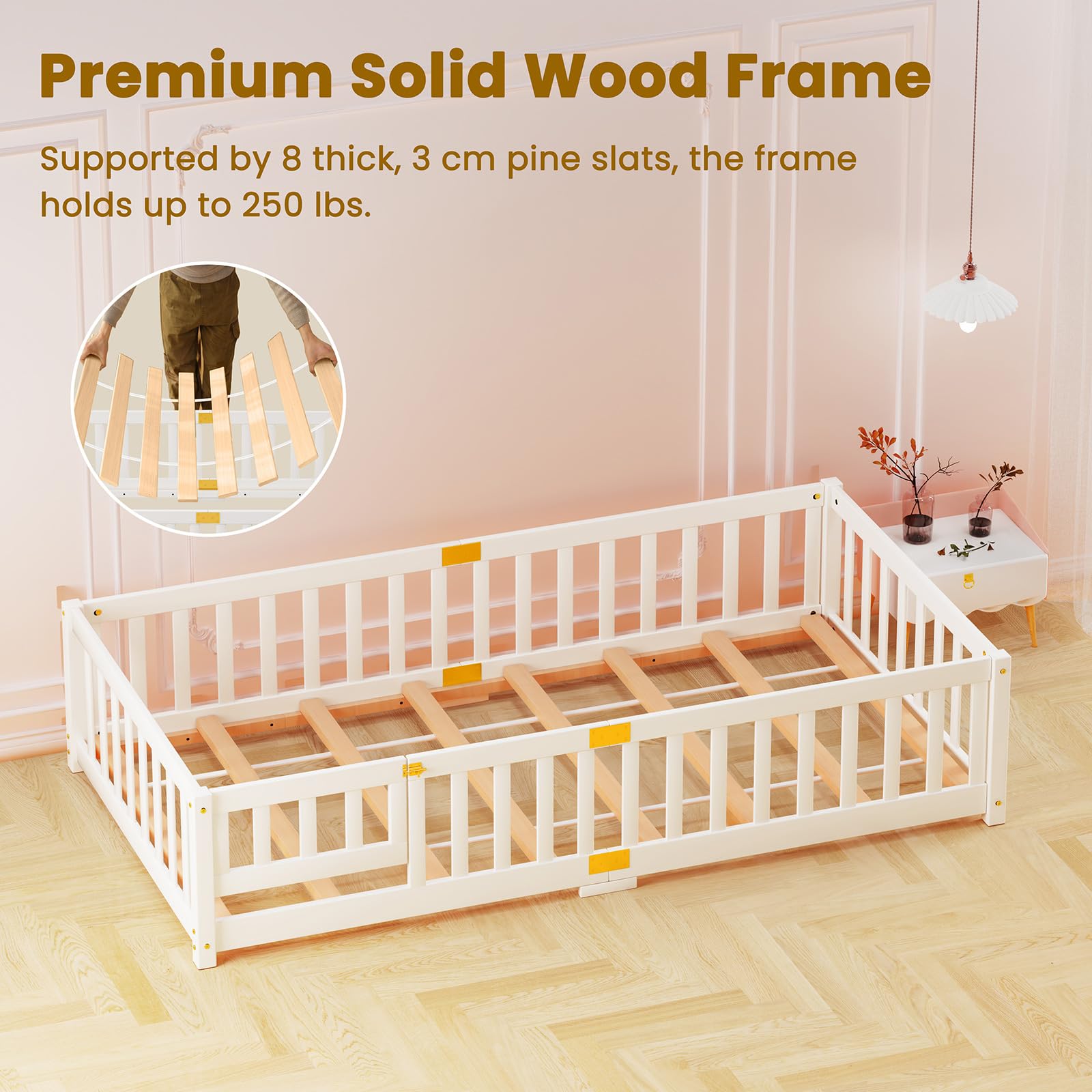 Montessori-Bodenbett 90×200 cm Kiefernholz massiv mit Rausfallschutz weiß für Kinder 1–3 Jahre