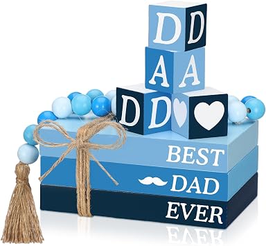 8 Pcs Fathers Day Decorations Fathers Day Wooden Tiered Tray Decor Blue Table Centerpiece Book Stack with 4 Dad Sign Wood Block Bead for Rustic Home Fireplace Mantel Shelf Office Birthday Gift