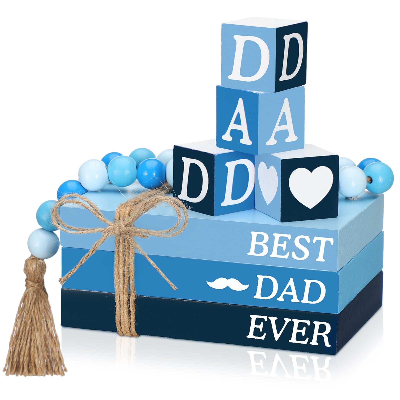 Burbell Father's Day Tiered Tray Decor Rustic Fake Wooden Book Decor Dad Tiered Tray Decorations Bead Set Father's Day Decor for Dad Gift Table Mantle Decoration
