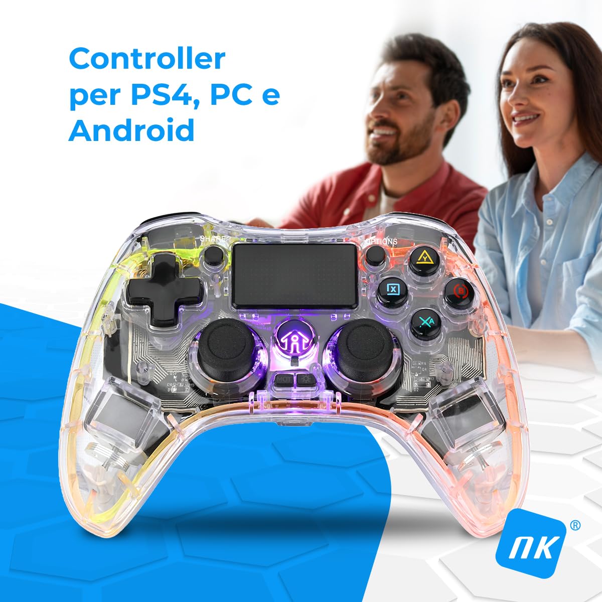 NK Controller per PS4 / PC/Android - Controller Wireless con 2-Shock, 6 assi, 2 pulsanti MACRO, 7 Modalità di Luce LED, Touchpad, Ingresso per Cuffie, Cavo di Ricarica incluso - Nero Trasparente