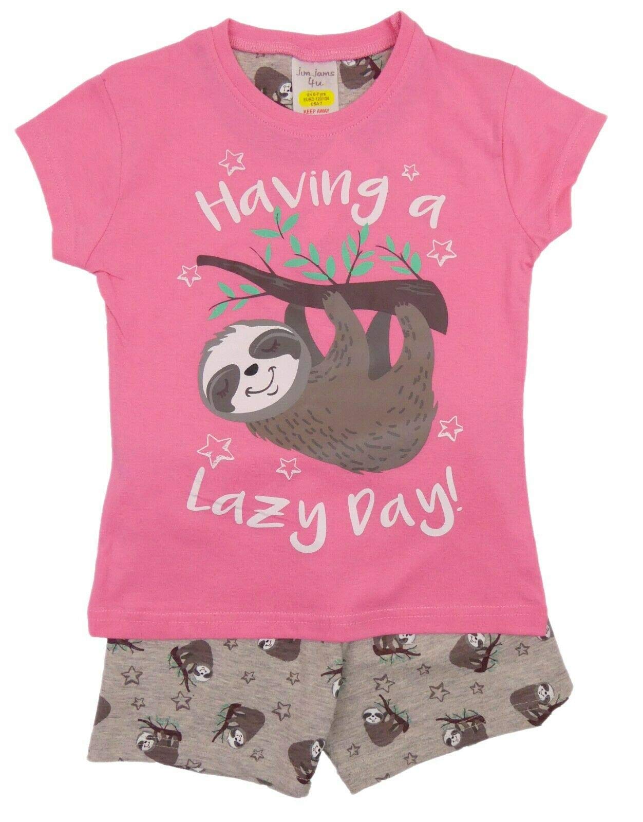 The Pyjama Party Girls Sleepy Sloth Shortie Design Pyjamas Long And Short Unicorns Ponys Sloth Bulldog 100% Cotton