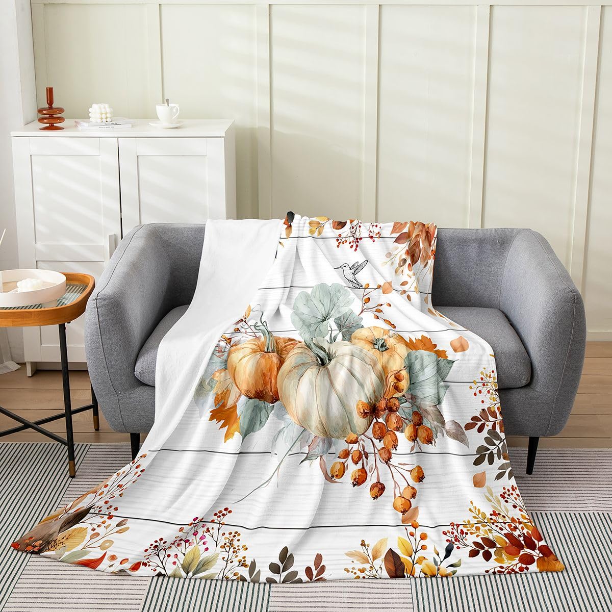 jejeloiu Fall Pumpkin Plush Throw Blanket Rustic Flannel Blanket Baby 30"x40" Farmhouse Autumn Maple Leaves All Season Vintage Country for Couch Bed Sofa Off White Bedroom Decor