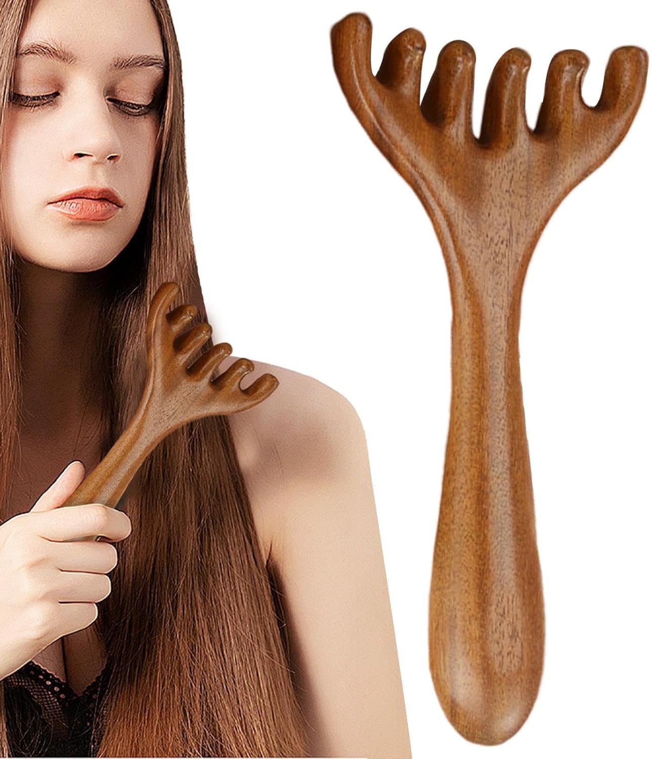 Flavoma Natural Wood 6-Finger Antler Hair and Scalp Massager | Wood Design Multifunctional Meridians Scalp Massage Gua Sha | Scalp Massage No Static Head Massager Tool Physical Therapy