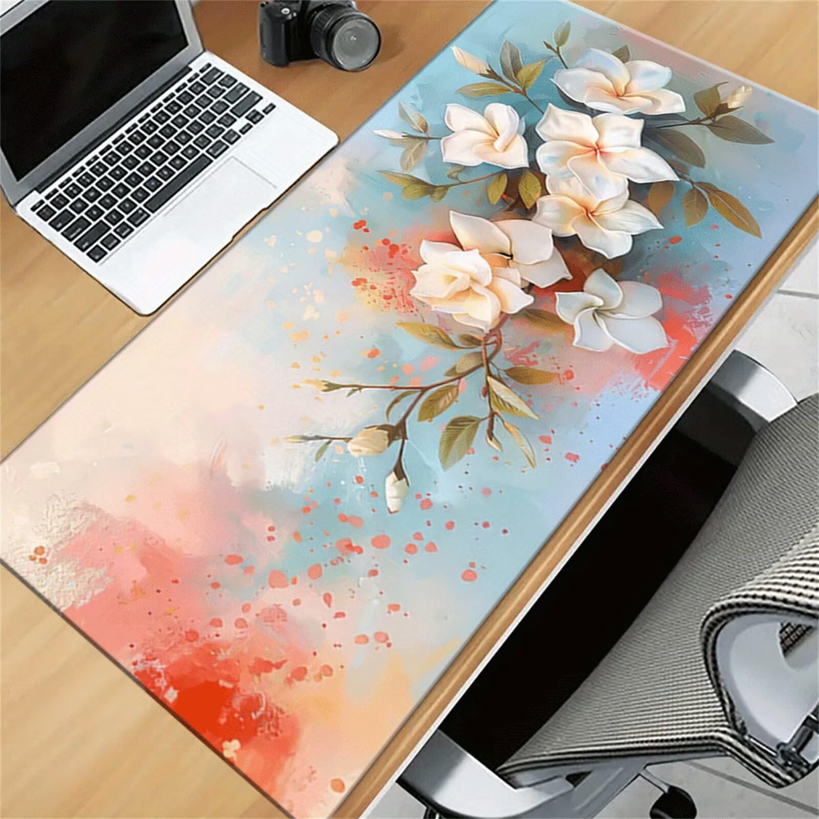 Alfombrilla de Ratón XXL 1000x500x3mm, Alfombrilla de Escritorio Grande Flores Blancas, Mouse Pad Gaming Antideslizante con Bordes Cosidos para Teclado, PC y Oficina