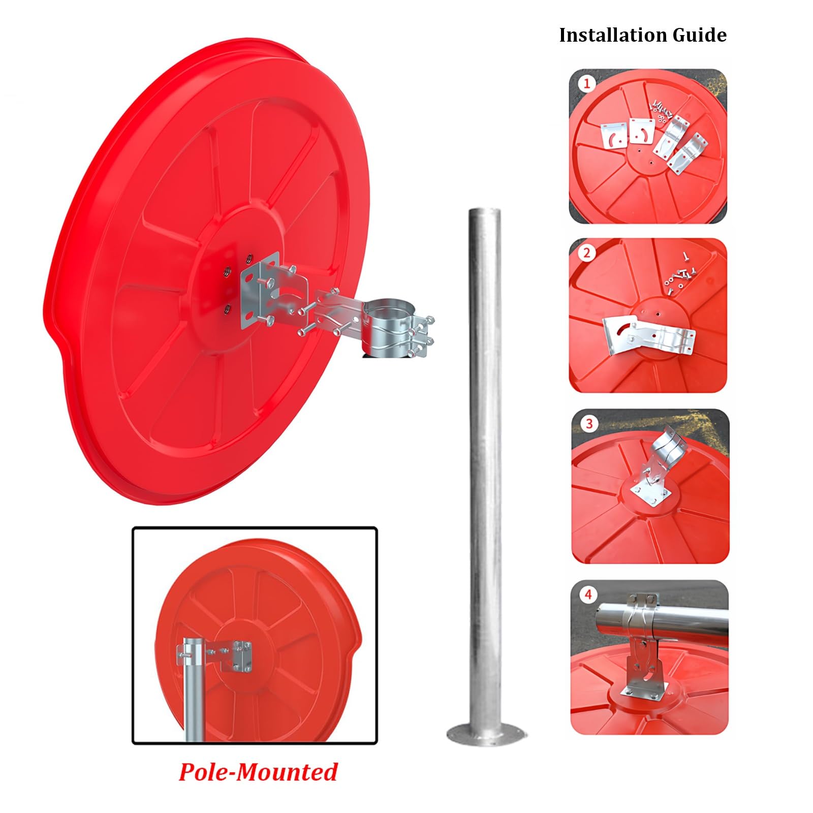 Miroir de sécurité convexe avec poteau de 2 m, rétroviseur grand angle, surface en polycarbonate et boîtier en ABS pour la sécurité des routes, parkings, allées et espaces(55cm)