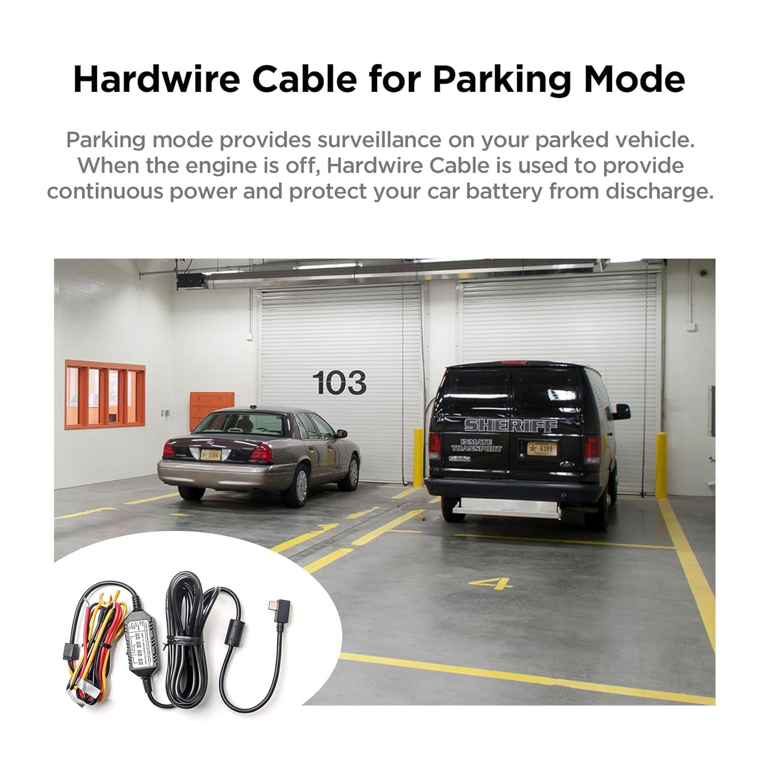 Image showing the VIOFO HK5 ACC Hardwire Cable in a parking lot setting, illustrating its use for parking surveillance.