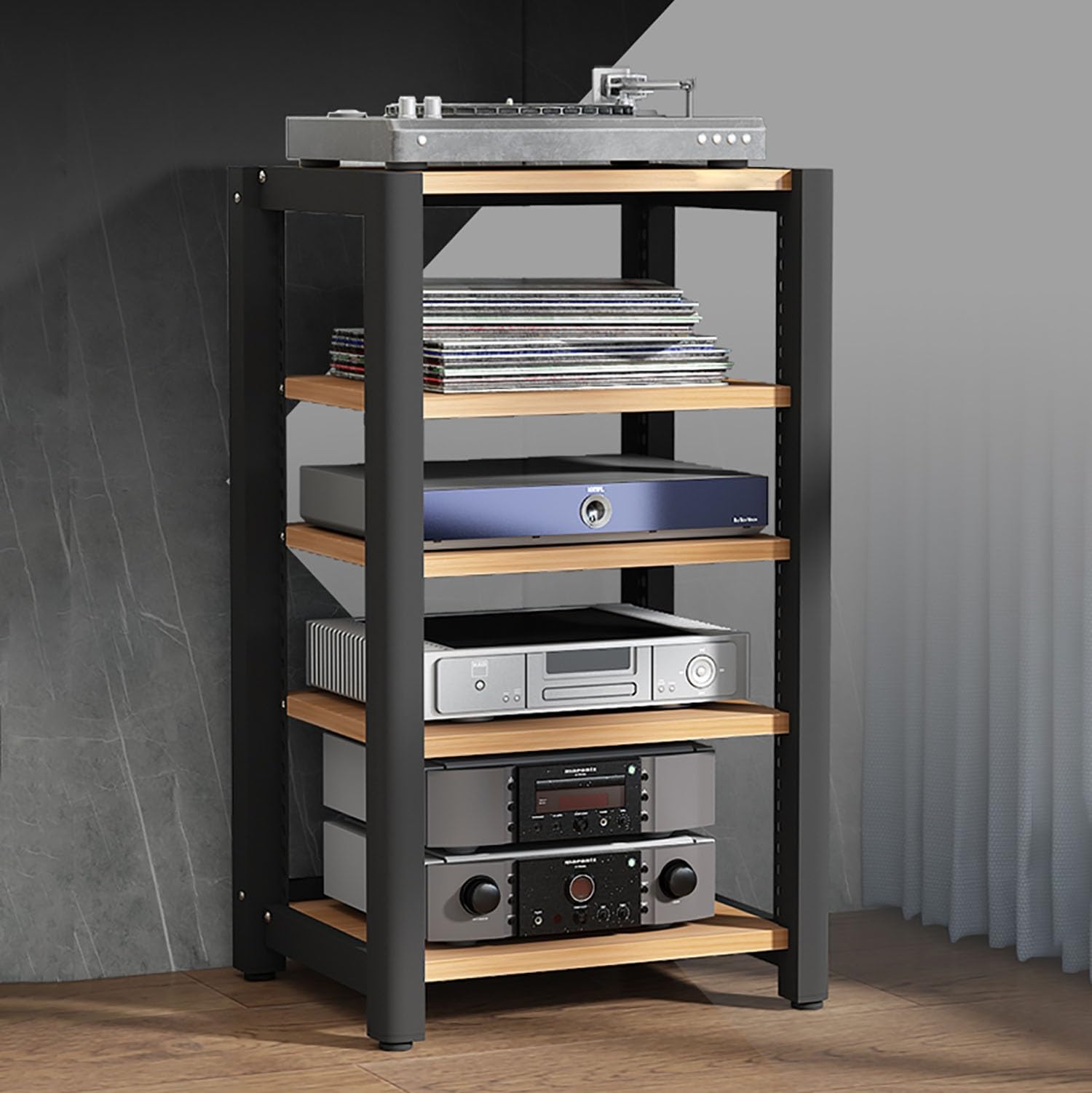 Supporto audio stereo, mensola da gioco, supporto giradischi, supporto multimediale AV, mensola angolare con ripiani in legno, display CD/DVD per proiettori, PS5 e lettori