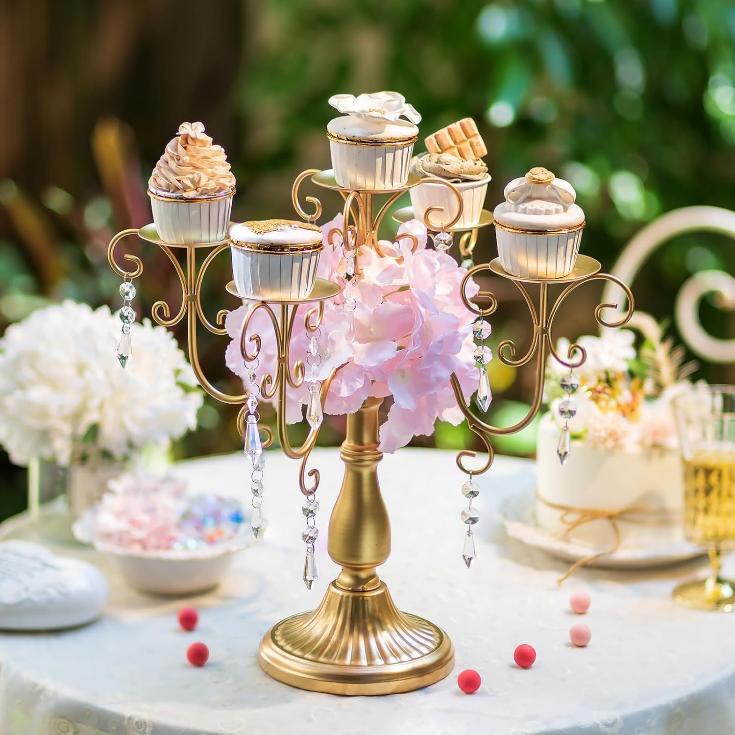 Sziqiqi Candelabra Centerpieces Gold Candle Holder - 5 Arm Pillar Candle Holders with Crystal Beads for Christmas Table Centrepiece Halloween Wedding Candleholders Decoration - Image 3