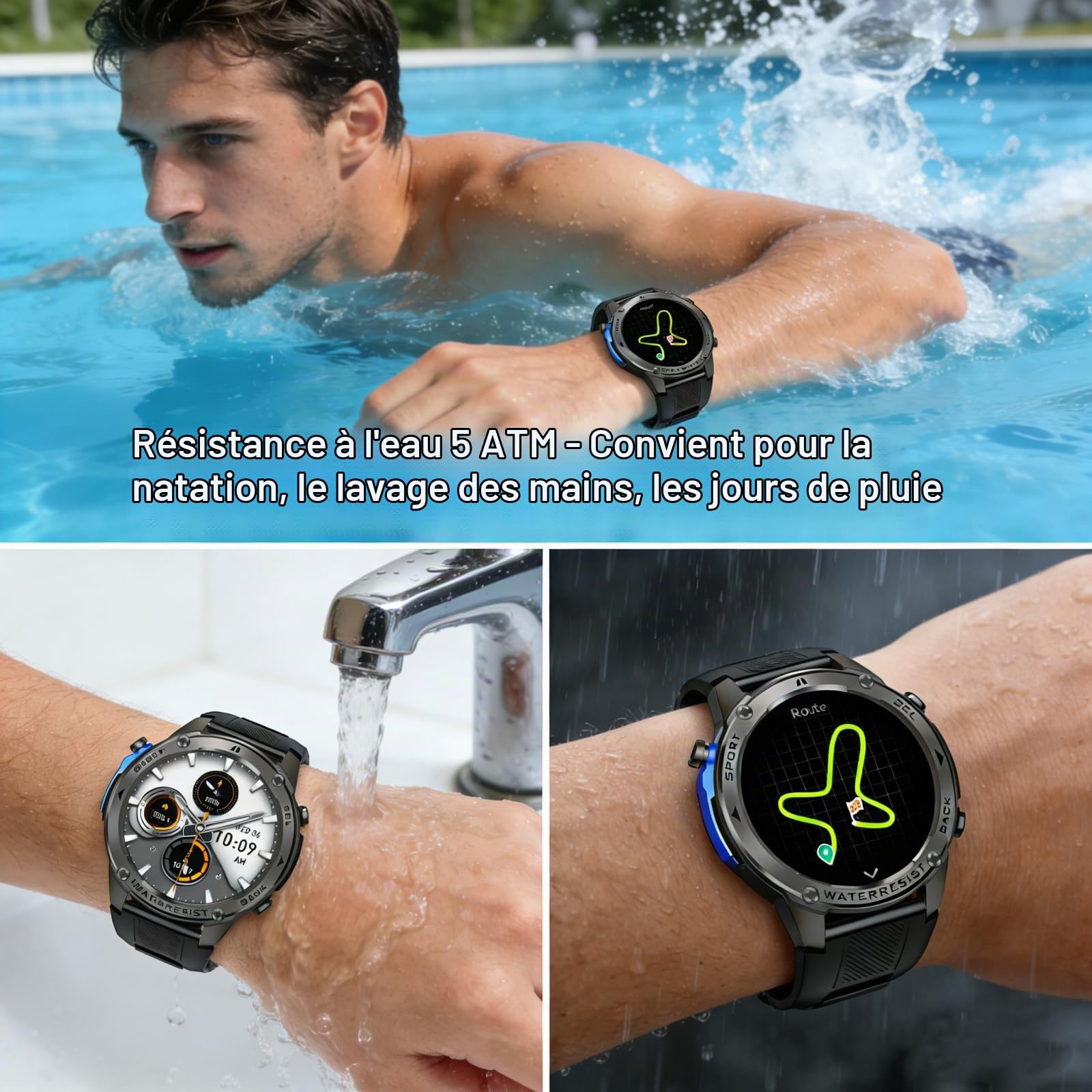 AIEK Montre Connectée pour Homme, GPS Précis, étanche 5 ATM, 60 Jours d'autonomie en Veille, écran AMOLED 1,43 Pouces, appels Bluetooth, 170 Modes Sportifs, Compatible iOS et Android (Noir)