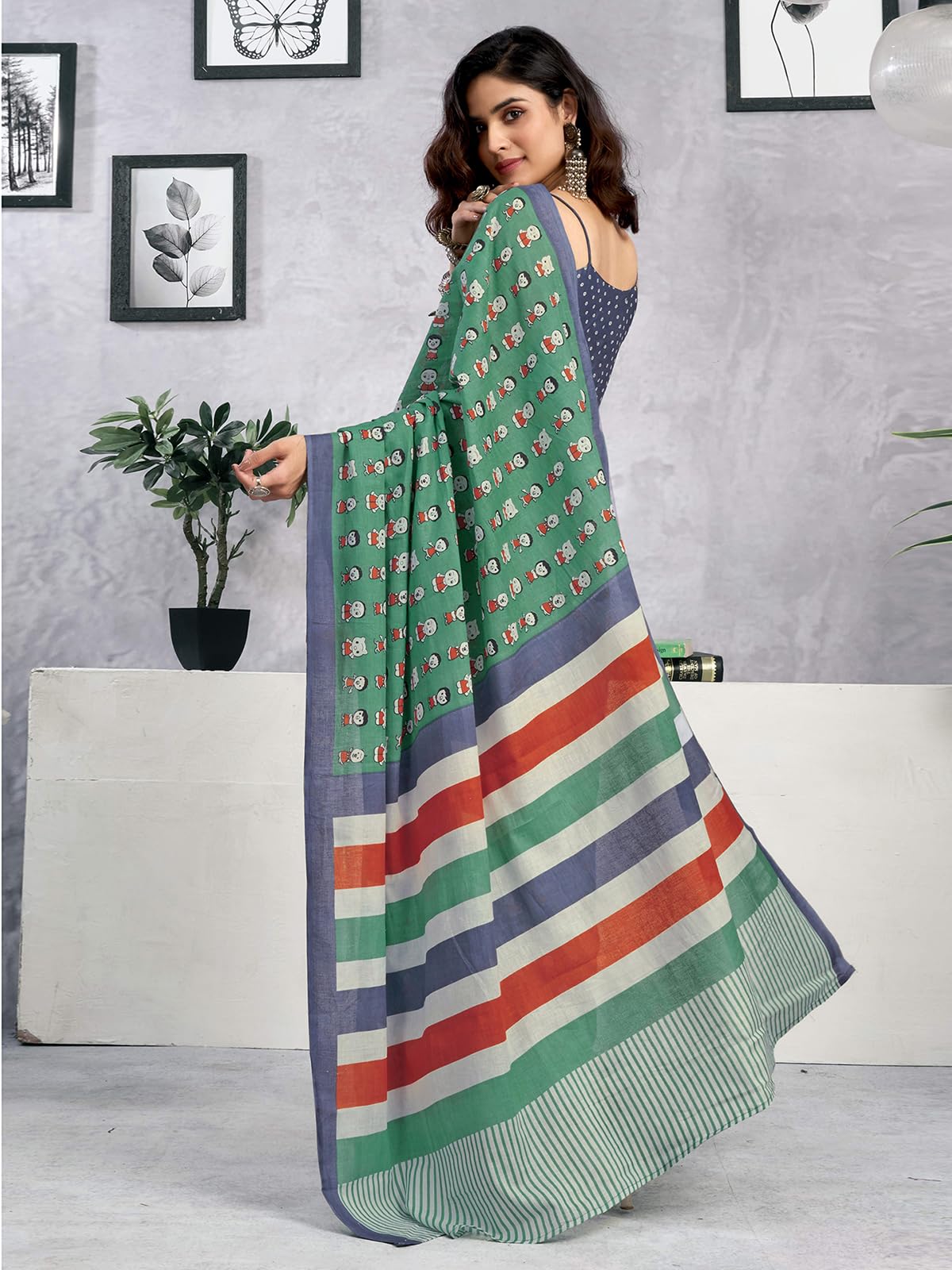 Satrani Women's Pure Cotton Printed Ready To Wear Saree With Unstitched Blouse Piece (38Rs134_Dusty Teal Green)