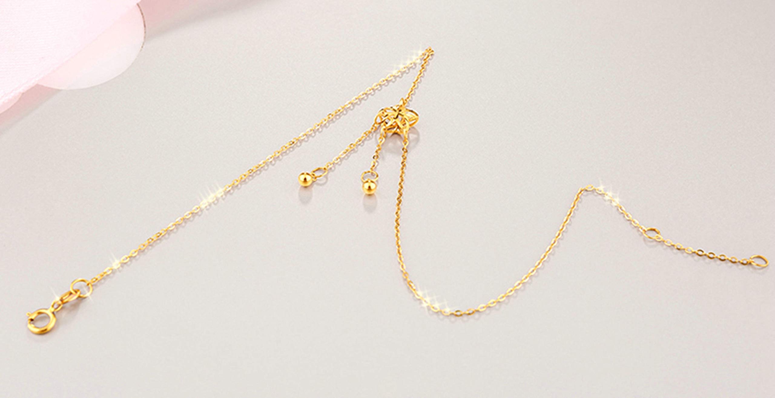 Tobillera de Oro Amarillo de 18 Quilates para Mujer, Tobillera con Cuentas de Flores, Cadena de 9,5 Pulgadas
