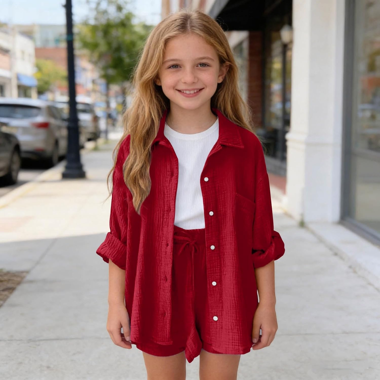 Girls 3 Piece Long Sleeve Button Down Shirt Crop Top Shorts Set Loose Fit Summer Casual Lightweight Textured Daily Wear
