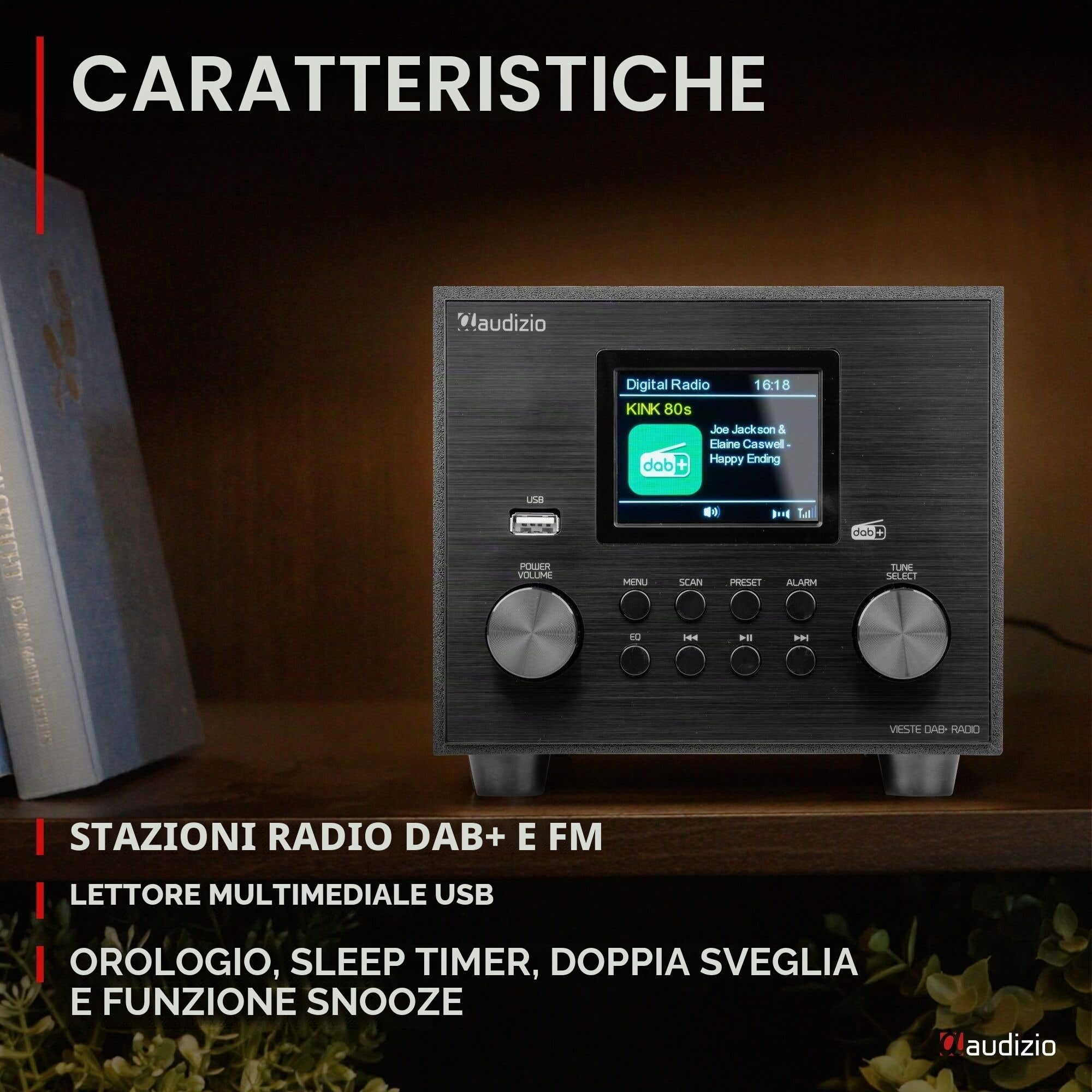 Audizio Vieste - Radio DAB+ con Bluetooth, subwoofer 60 W, FM, USB MP3, ingresso AUX, doppia sveglia, telecomando, design moderno e compatto, colore nero