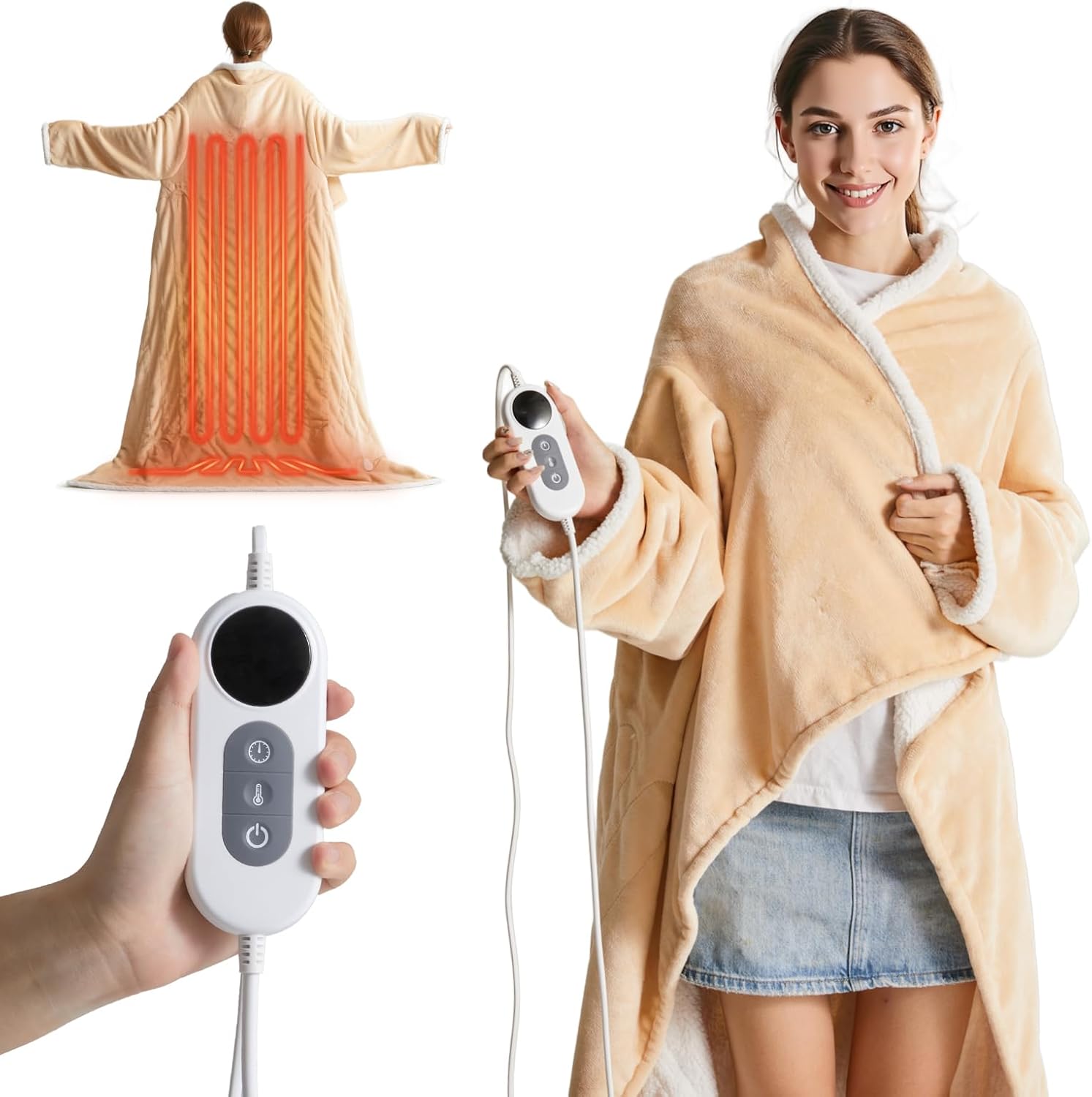 Electric Heated Robe Blanket with 10 Heat Settings & 12-Hour Timer, Wearable Sherpa Blanket with Foot Pocket and Sleeves, 50" x 70" + 18" Foot Cover, Grey