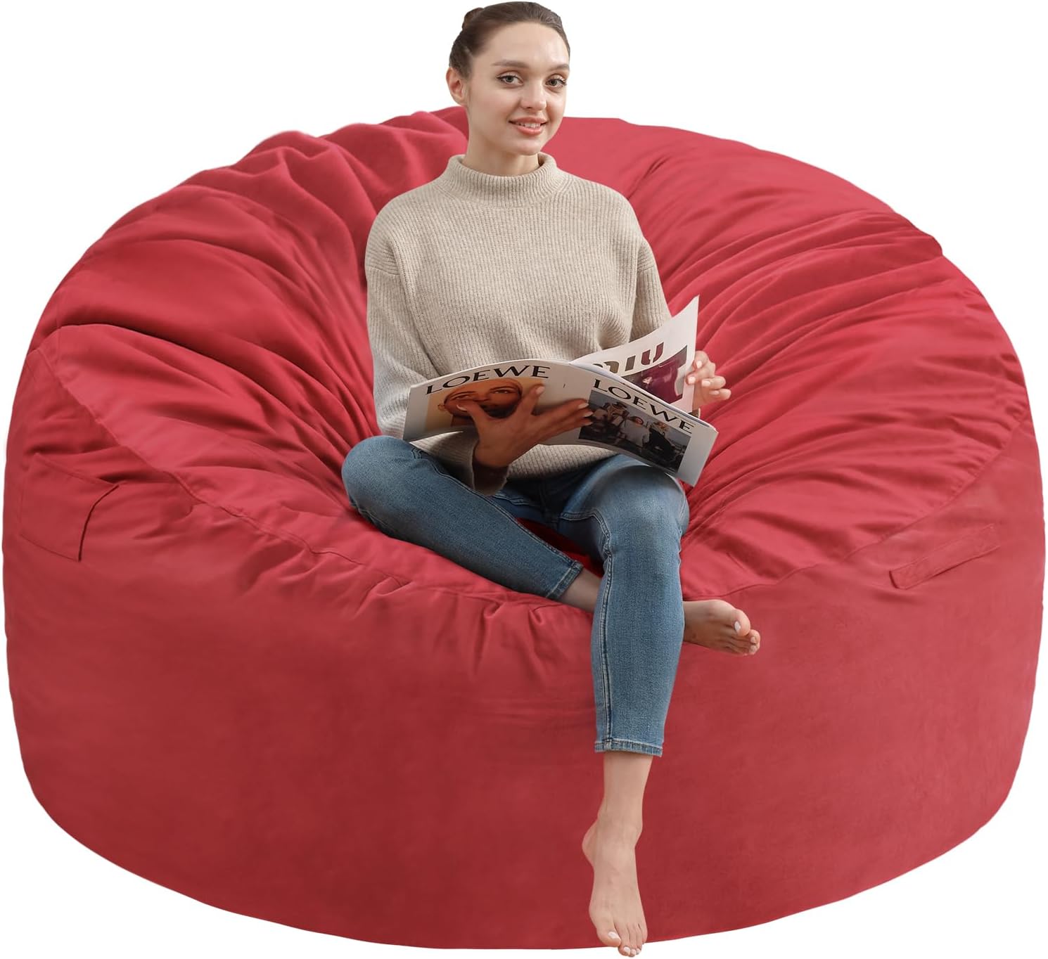 5FT Bean Bag Chair, Large Bean Bag Chairs with Memory Foam Filled, Fluffy Beanbag Sofa with Dutch Velvet Cover, Round BeanBag Chairs for Living Room, Playroom - Red