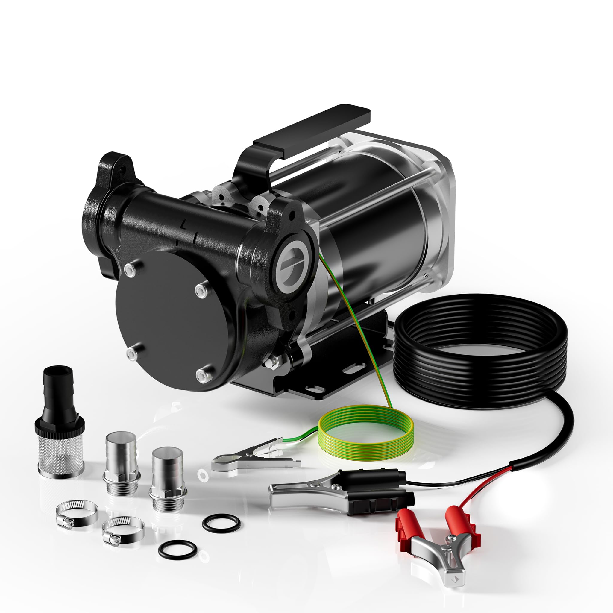 Wiltec Bomba de trasvase gasolina y diésel 12 V, 180 W caudal 57 l/min portátil cable con clips de batería altura máx. 12 m aspiración máx. 2 m autocebante ideal para trasvase desde barriles
