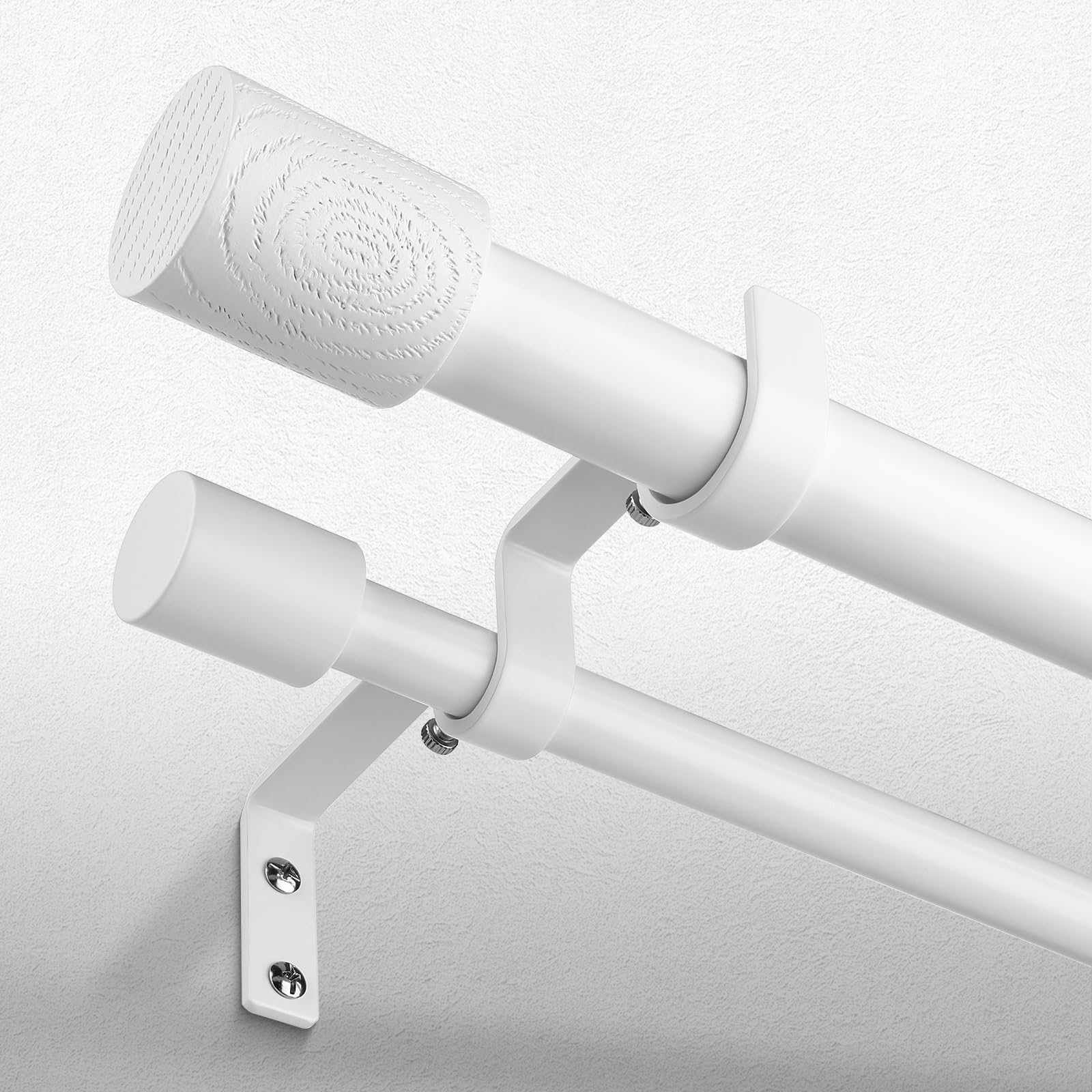 White Double Curtain Rods for Windows 36 to 72 Inch, Adjustable Decorative 1 Inch Heavy Duty Dual Curtain Rod, Boho Farmhouse Window Treatment Rods with Modern Faux Wood Grain Finials