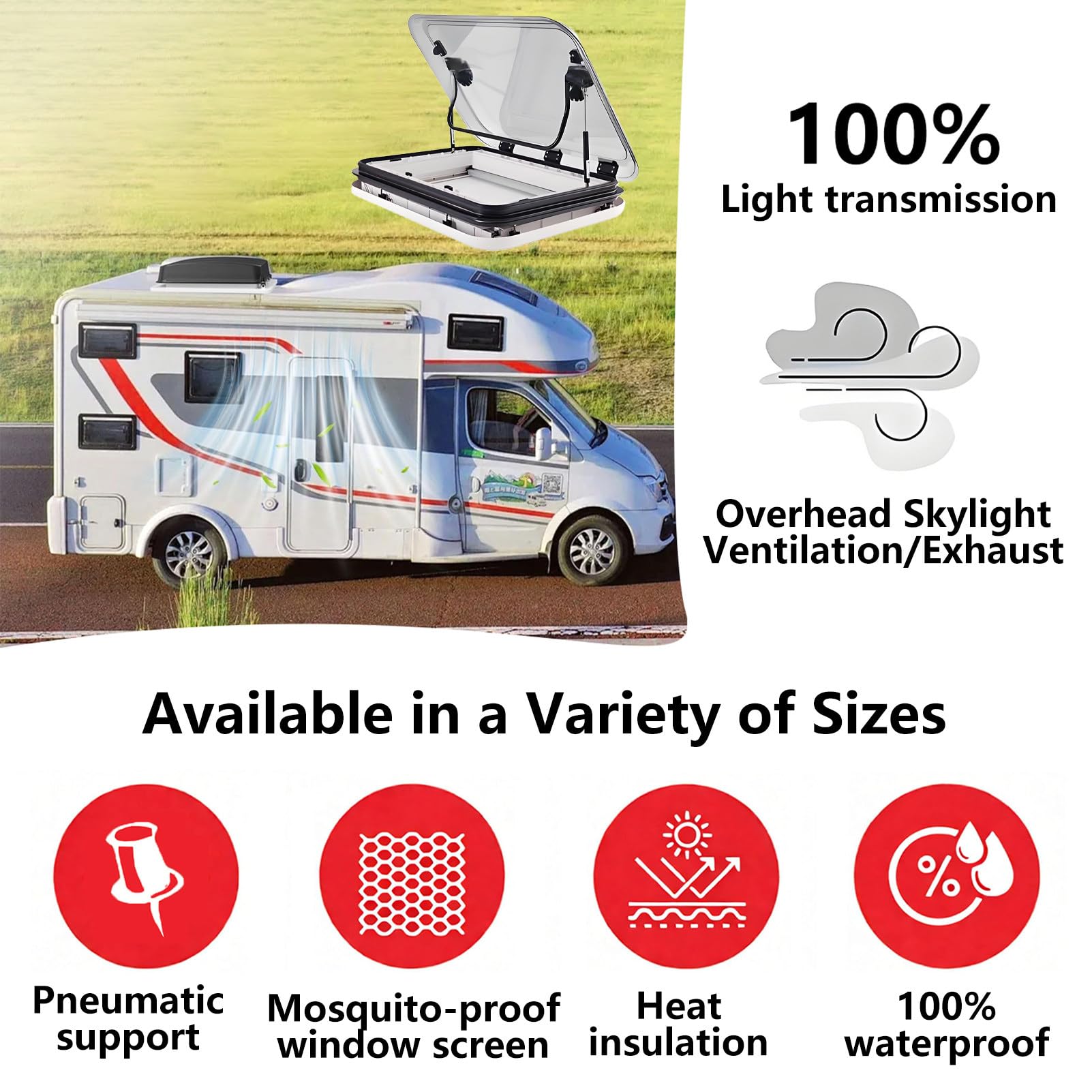 Ventilazione Finestra del Tetto per Camper, Lucernario Roulotte con Illuminazione a LED, Foro 500/700/800x500Mm, Oblò per Tetto con Zanzariera e Parasole, per Furgone Camperizzato 700 * 500mm