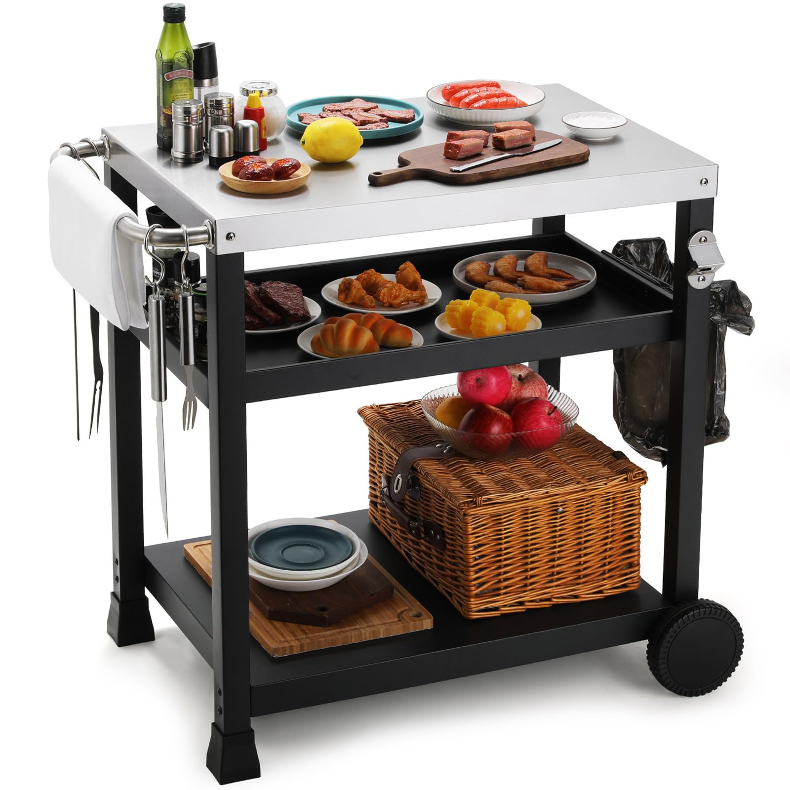 LIFERUN Carro de Barbacoa Acero Inoxidable, Mesa de Barbacoa Exteriores con 2 Ruedas Ganchos, Carrito de BBQ Cocina Servicio, Mesa Auxiliar Superficie Trabajo INOX, Carrito de Cocina, terraza y jardín