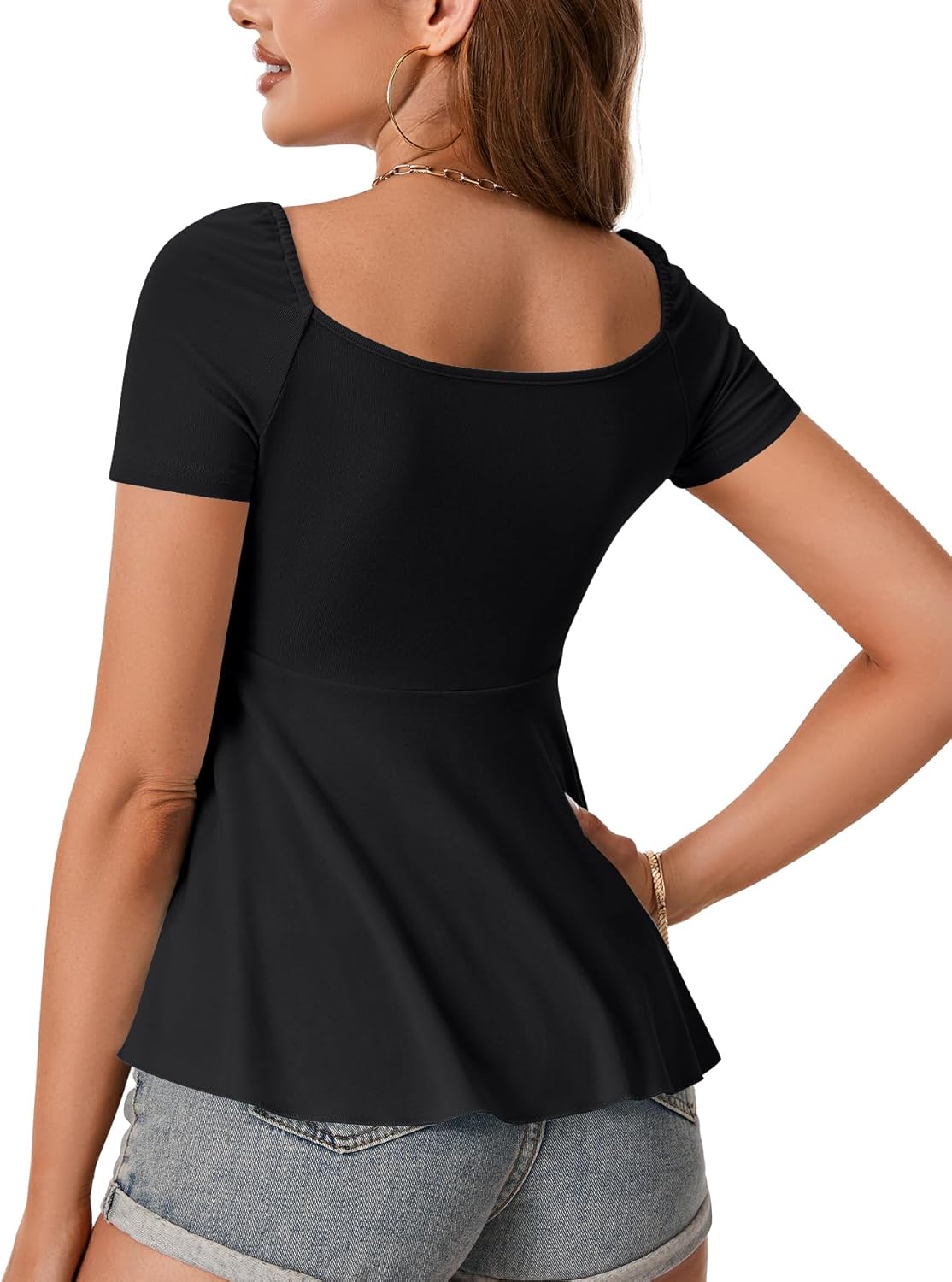 Rooscier Women's Ribbed Knit Sweetheart Neck Drawstring Ruffle Short Sleeve T Shirt Tops - Image 5
