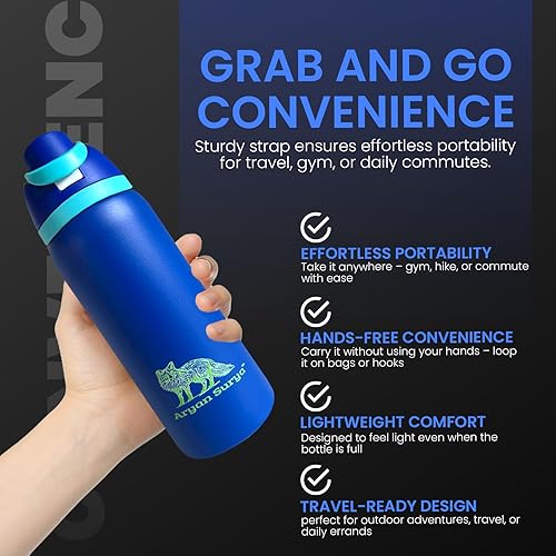 Miniatura 4 de Botella de agua aislada de acero inoxidable de 32 onzas con tapa de botón con cerradura y popote para deportes y viajes, botella de agua deportiva