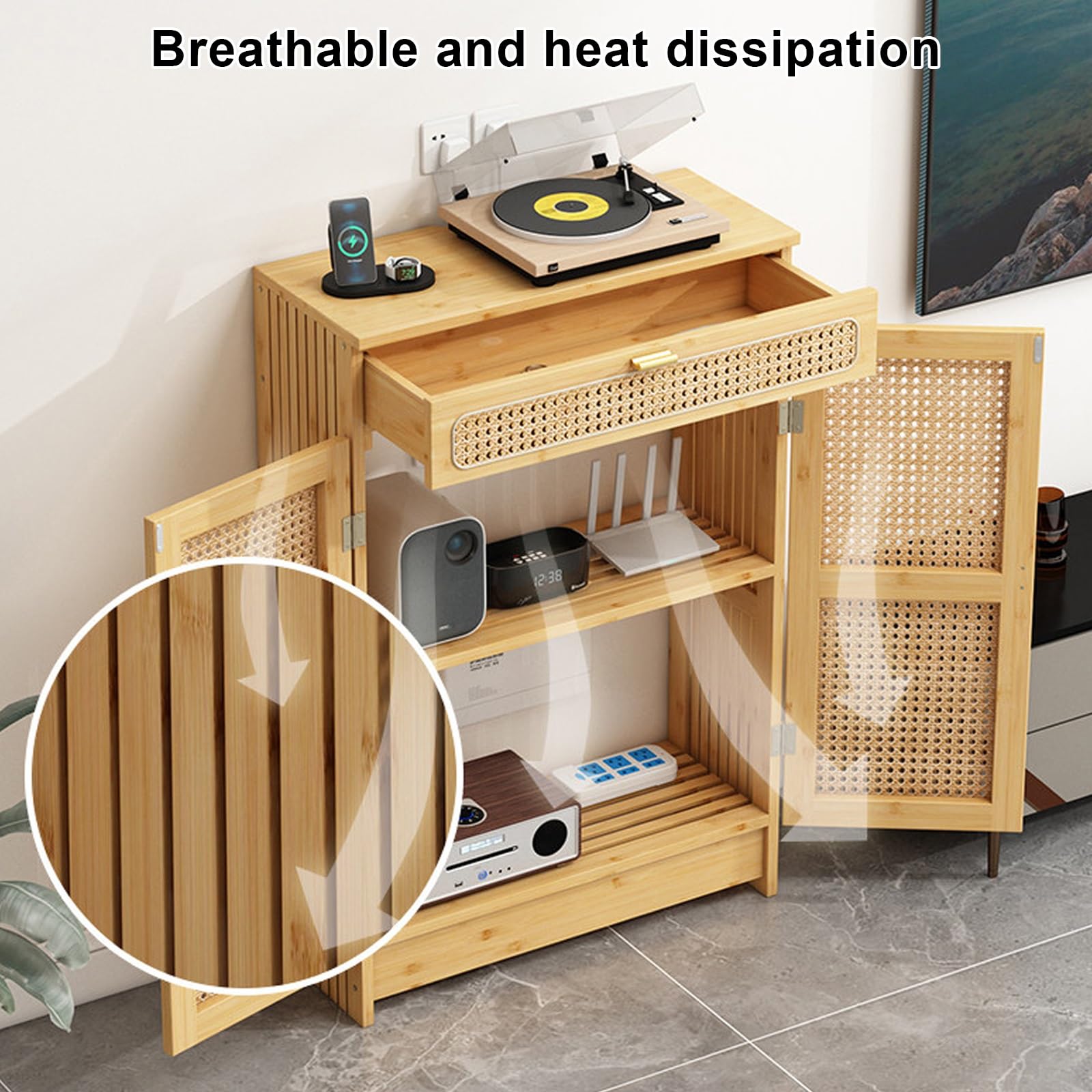 Armoire de Rangement pour Routeur WiFi avec Tiroirs, Osier Respirant Meuble Box Internet Grande Capacité de Rangement, pour Dissimuler Les Routeurs, Modems et Câbles(Natural,60 * 25 * 91cm)