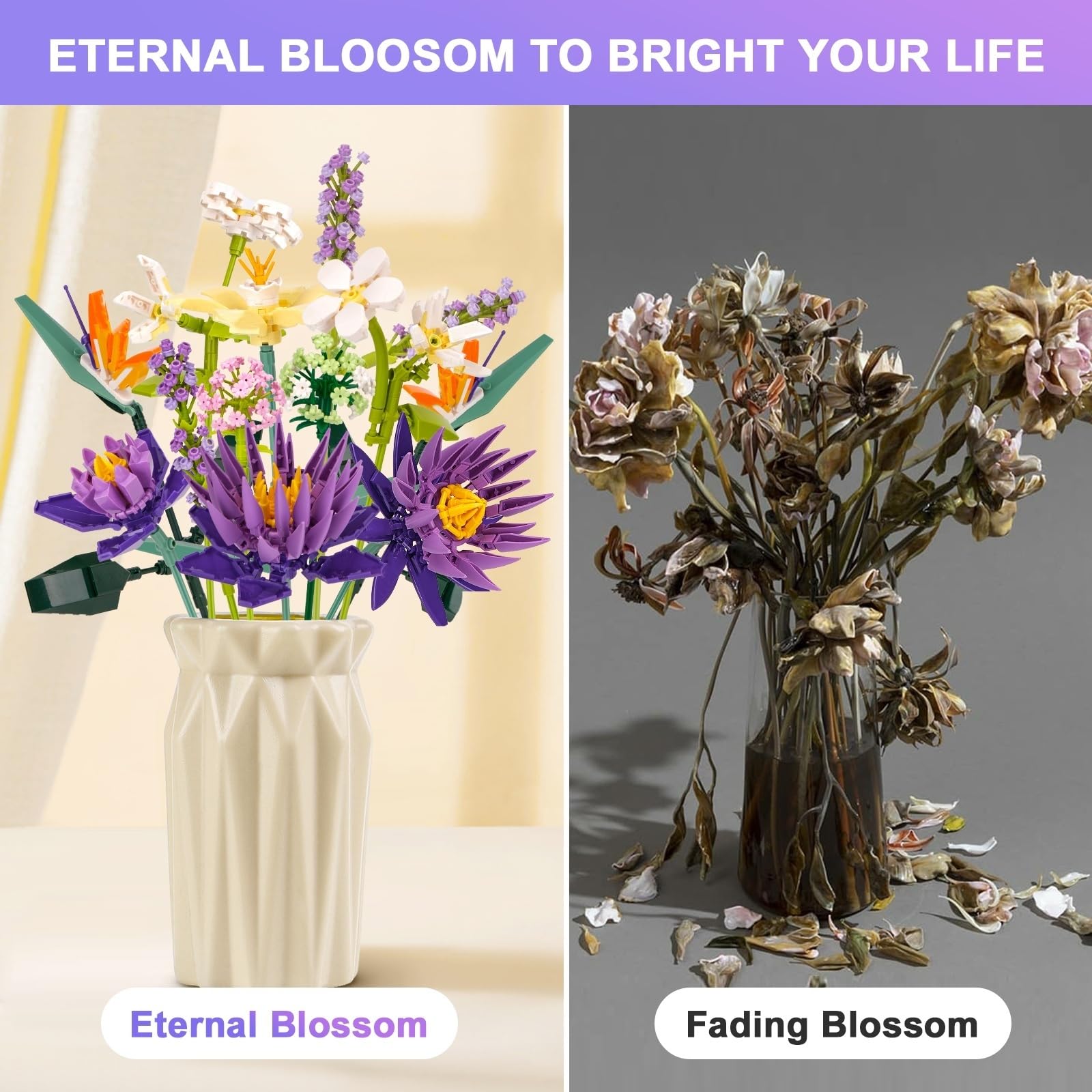 Set di Fiori Finti da Costruire 891PCS 13 Bouquet di Fiori Kit di Modellismo di Piante Artificiali Decorazione per la casa, kit per la costruzione di bouquet per adulti, idea regalo per il compleanno