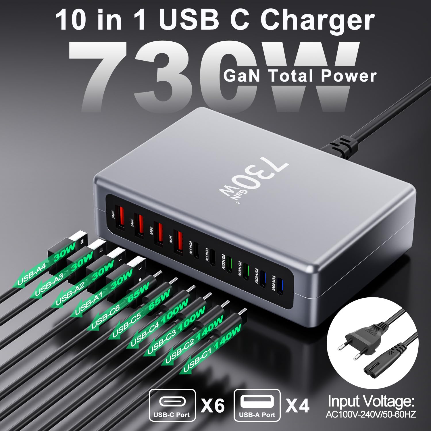 GaN - Caricatore USB C multiplo, 730 W, 10 porte, per laptop, telefoni cellulari, tablet, stazione di ricarica rapida con 6 porte USB C + 4 porte USB A, alimentatore PD