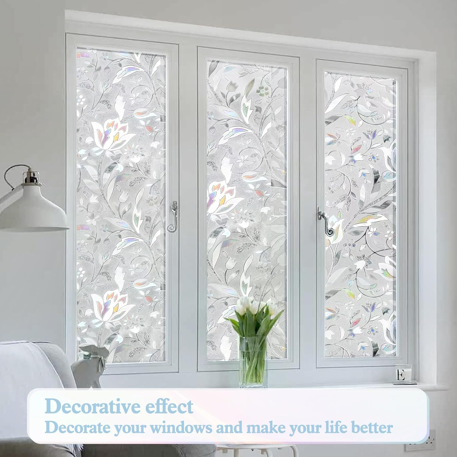 WPCTEV 3D Window Film No Glue Privacy for Glass Sticker Static Cling Heat Control Anti UV Non-Adhesive Decorative Tulip 35.4 Inch x 13.1 Feet