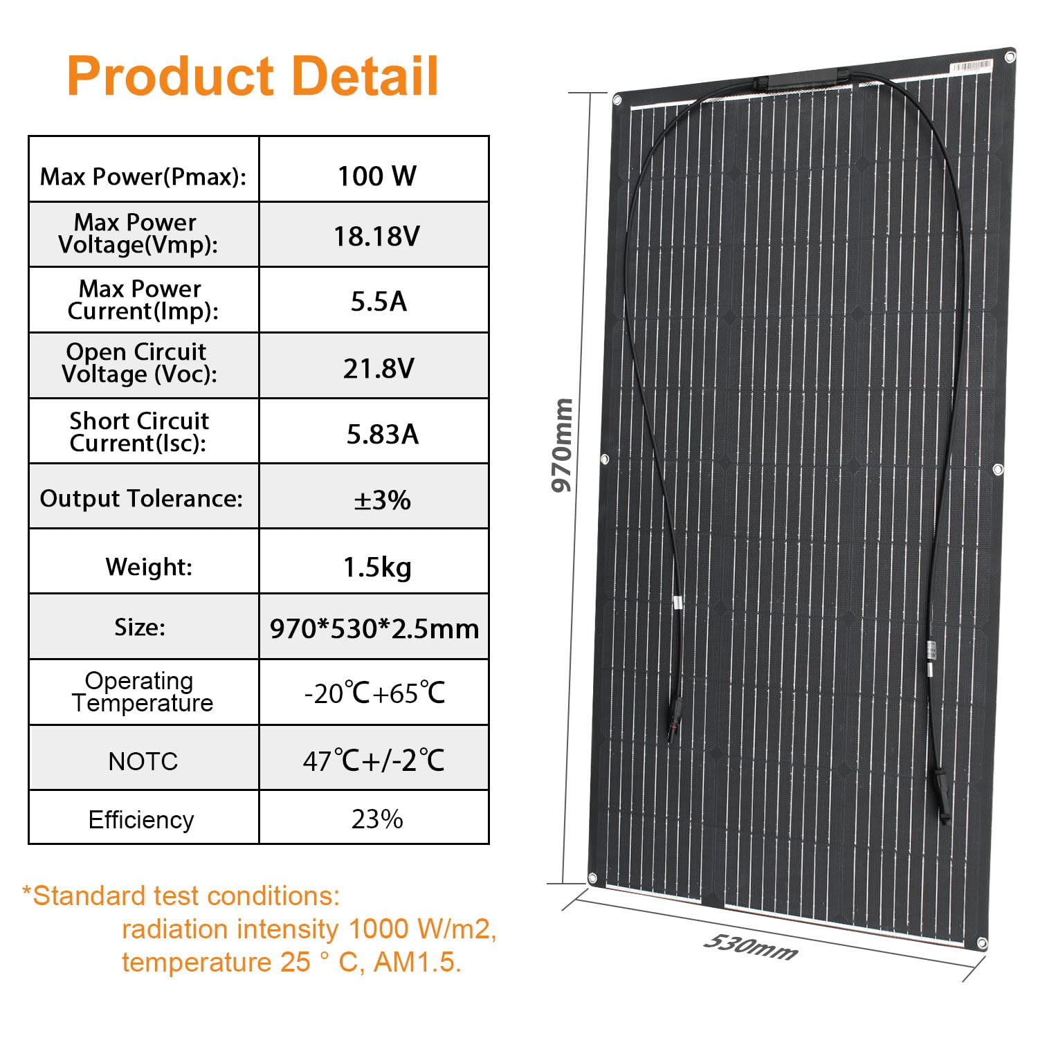 100W 12V ETFE Panneau Solaire Flexible Monocristallin pour Systèmes Hors Réseau, Caravane, Bateau, Yacht, Marine, Toit et Surfaces Irrégulière