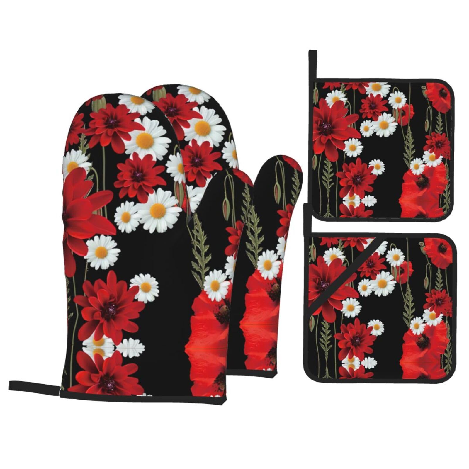WHJSHOP Red Flower and White Daisy Prints Kitchen Layers: Waterproof Oven Covers for Safe Handling & Easy Cleanup – 4 Piece Heat Protection Bundle