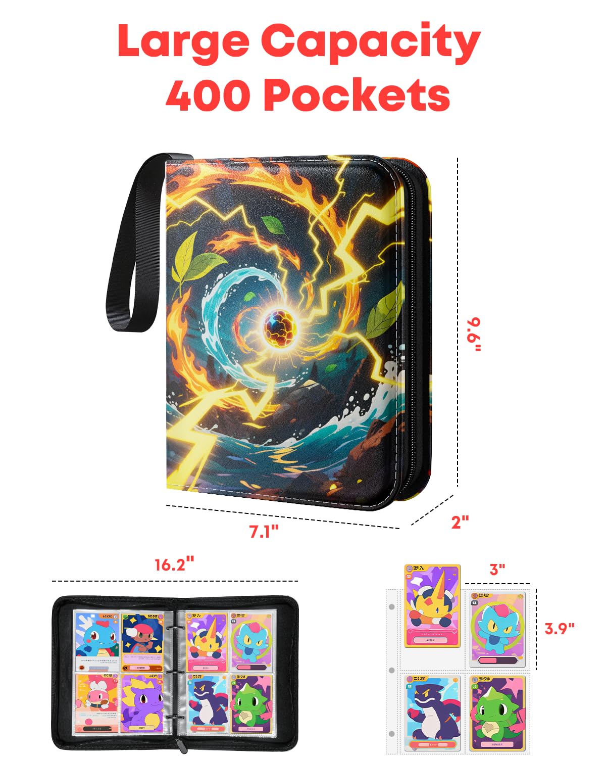 Carpeta de tarjetas coleccionables de 4 bolsillos, 400 bolsillos, álbum con 50 fundas extraíbles para tarjetas, carpeta de colección de tarjetas de piel sintética para TCG, MTG, tarjetas deportivas