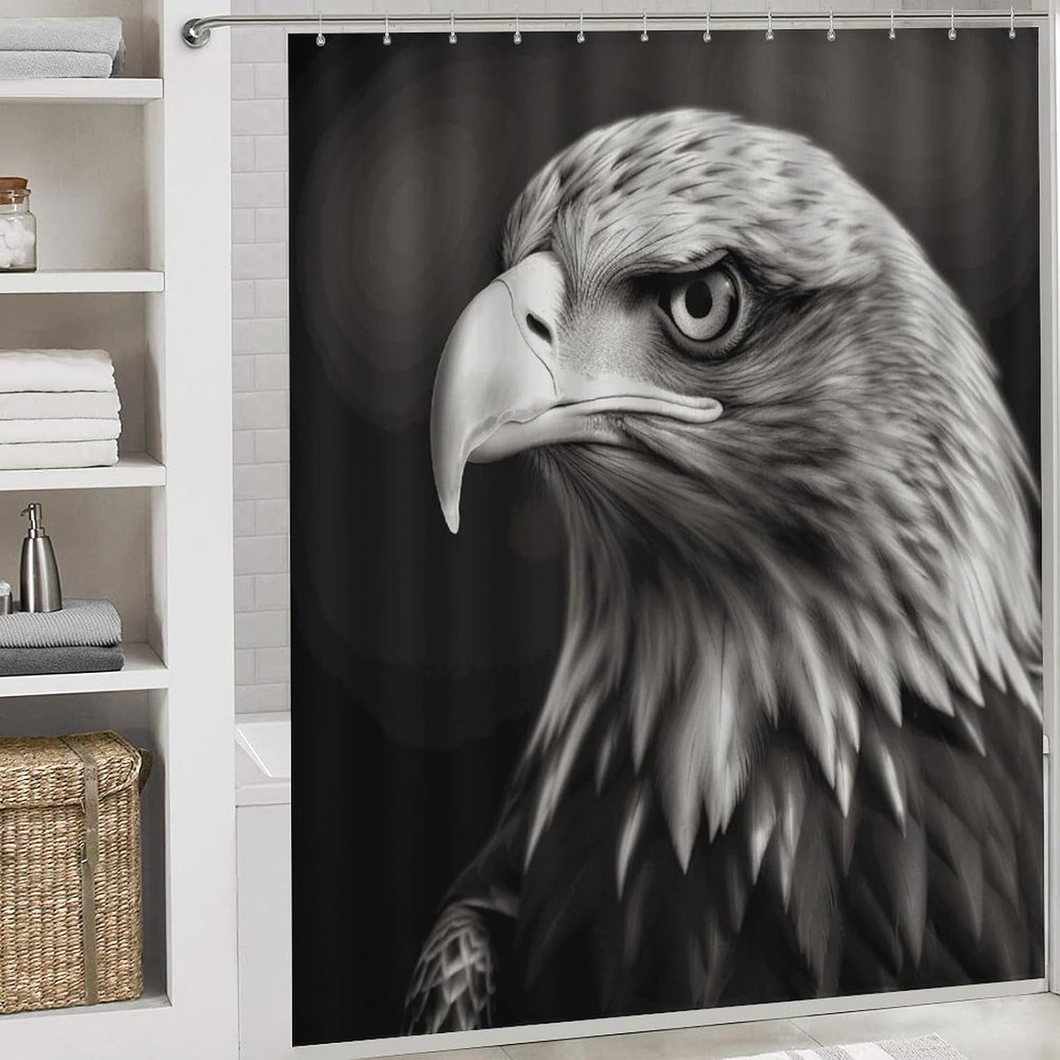 Eagle Black and White 4Pcs Shower Curtain Set with Non-Slip Rugs, Toilet Lid Cover and Bath Mat,Bathroom Set Decor Accessories,Curtain Set with 12 Hooks, 72 X 72 Inch