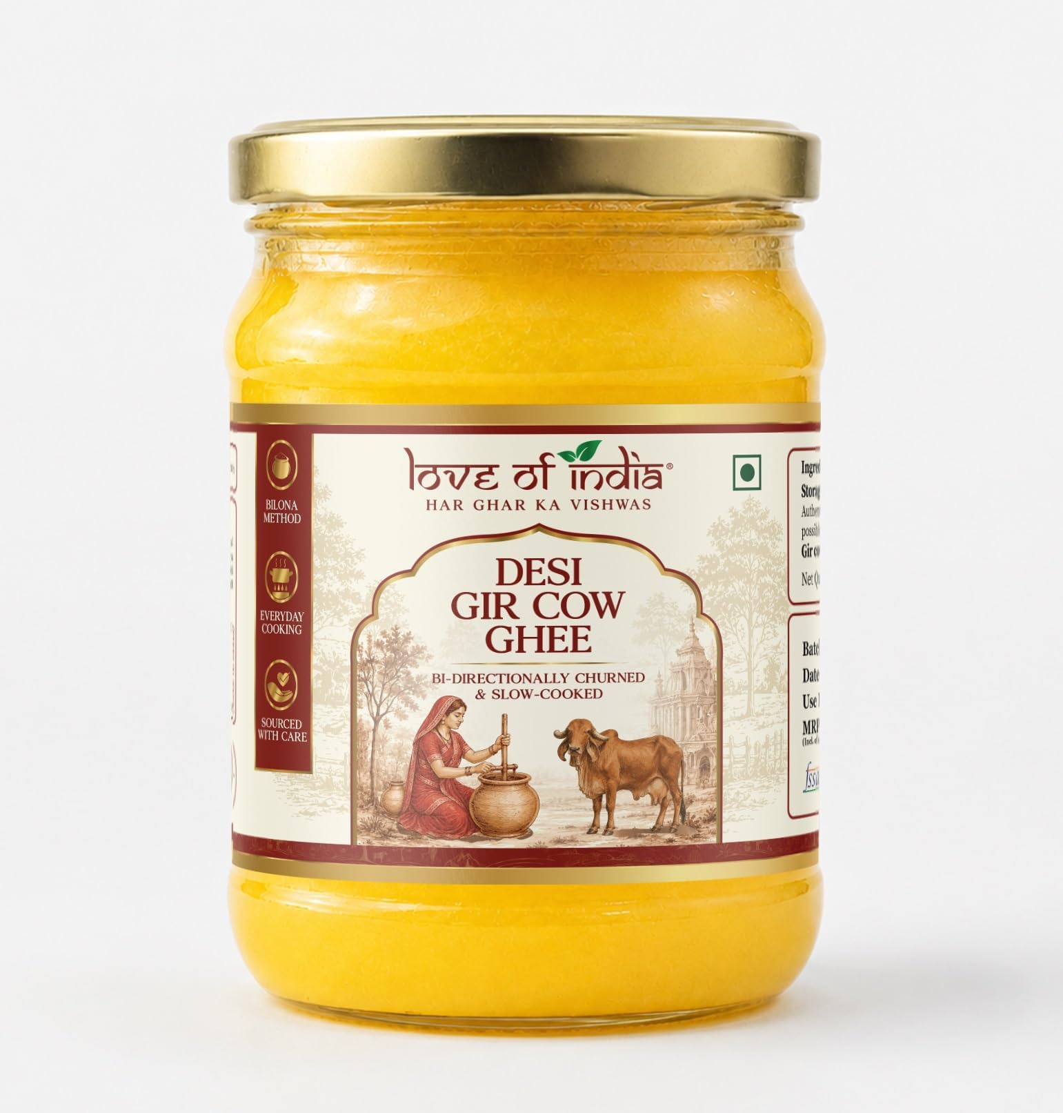 Love of India A2 Ghee 500 ml | Gir Cow Bilona Ghee | Traditional Curd-Churned A2 Milk | Pure Desi Ghee for Cooking, Tadka, Sweets & Puja